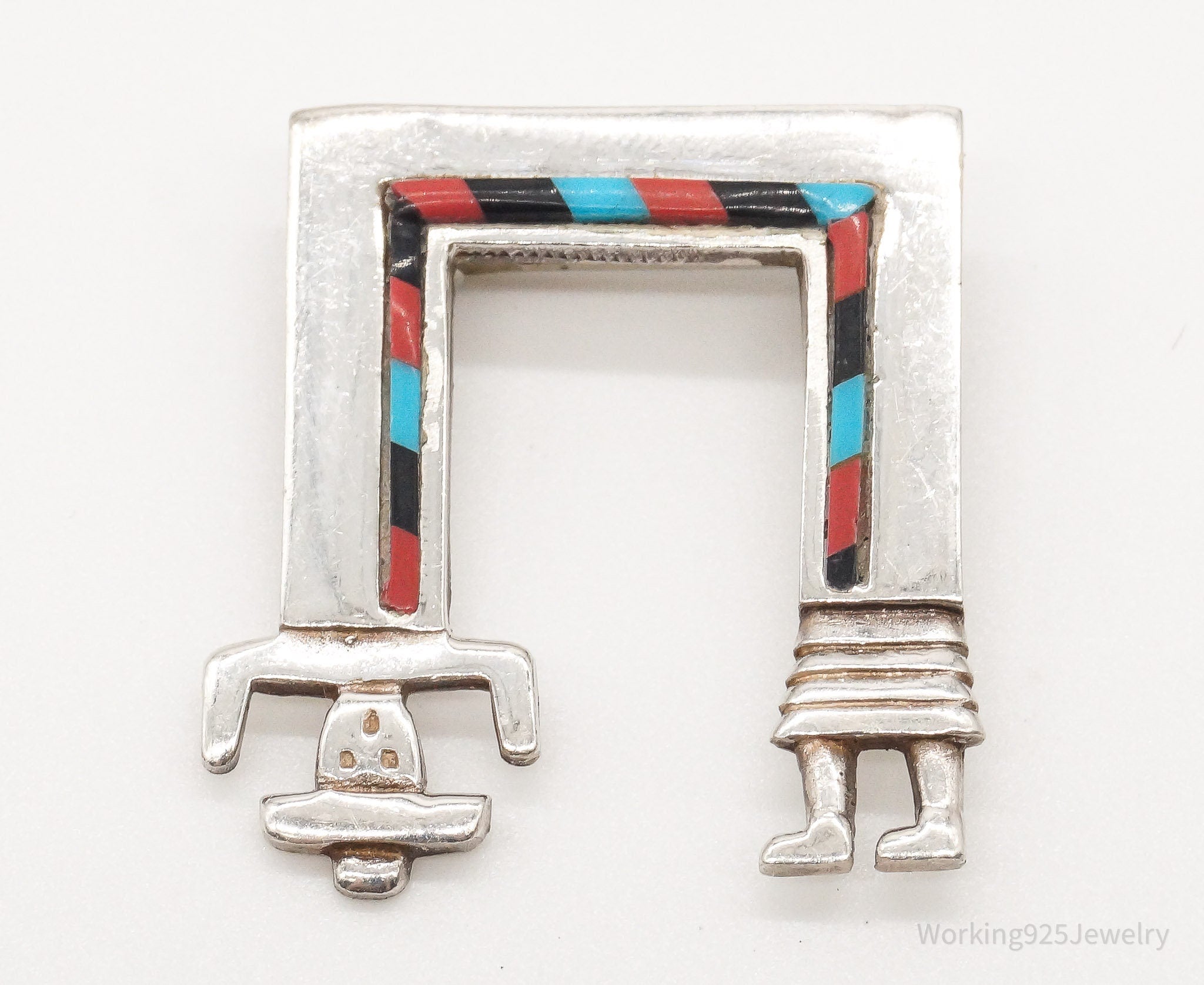 Vintage Native American YEI Multi Gem Inlay Sterling Silver Brooch Pin