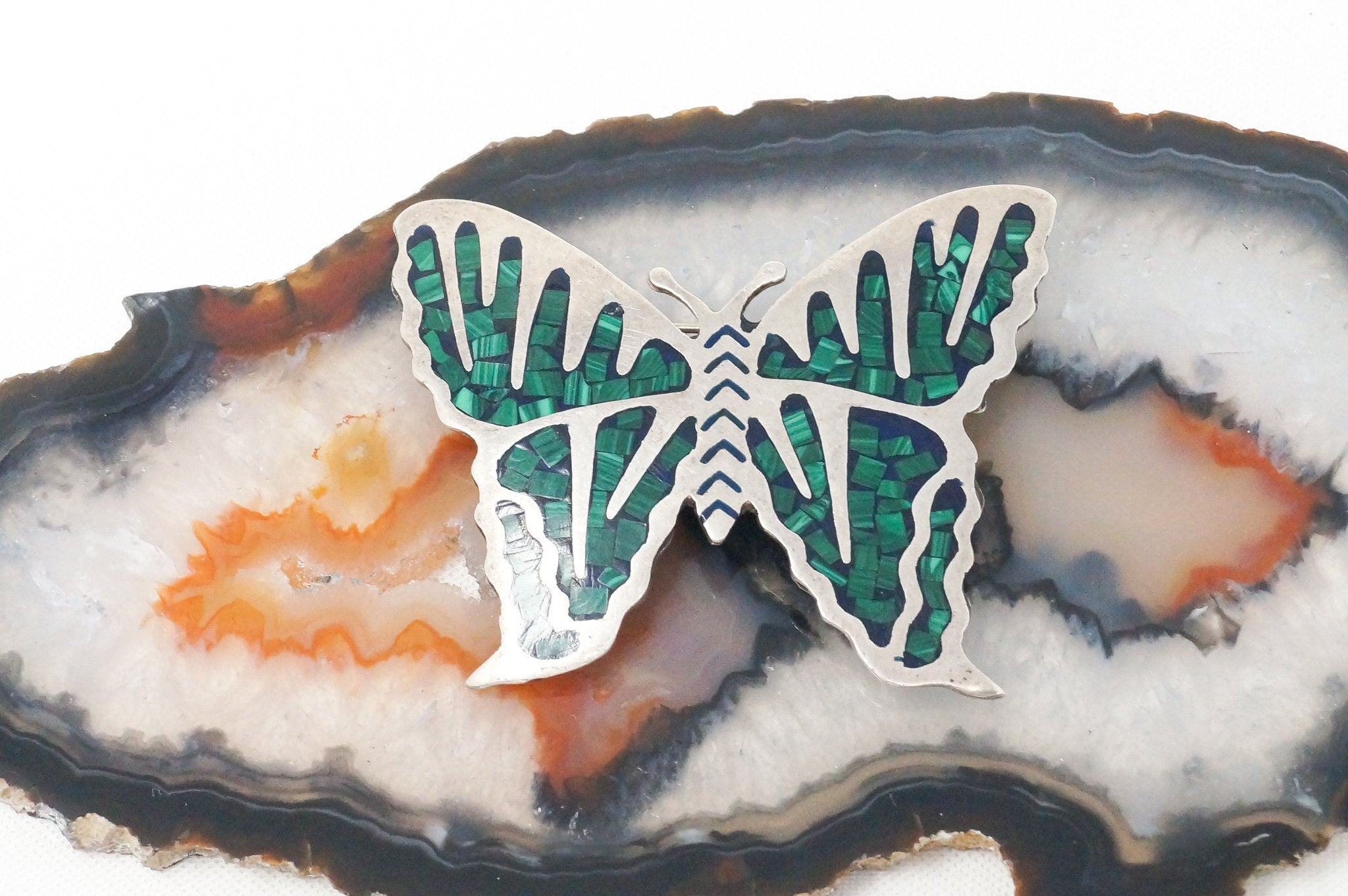 Vintage Taxco Mexico Malachite Butterfly Sterling Silver Brooch Pin