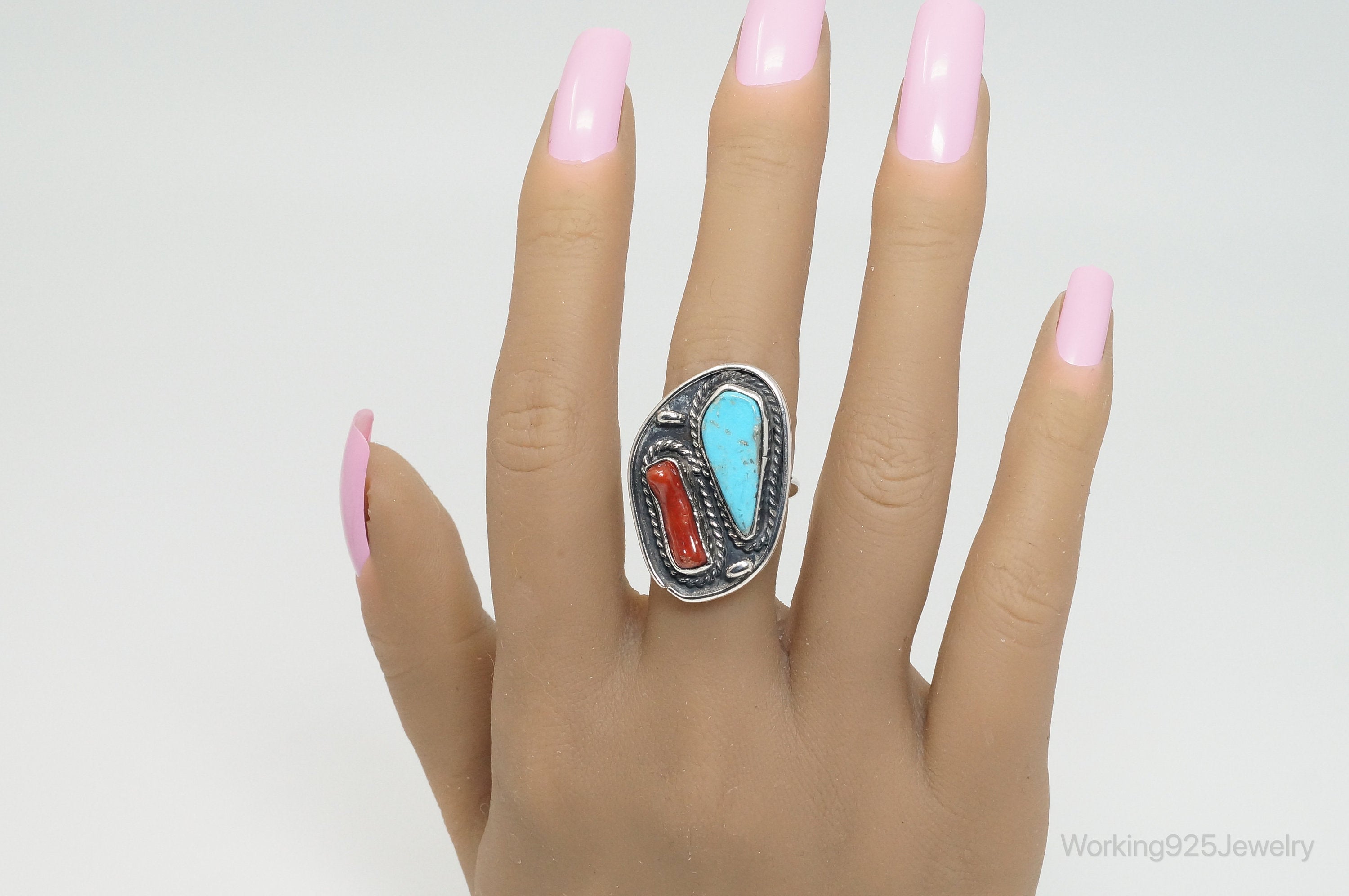 Vtg Native American VB Turquoise Coral Sterling Silver Ring - Sz 7.25