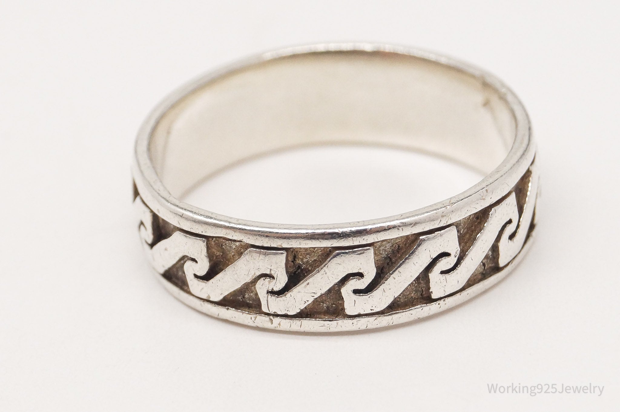 Vintage Aztec Motif Sterling Silver Band Ring - Size 10.75