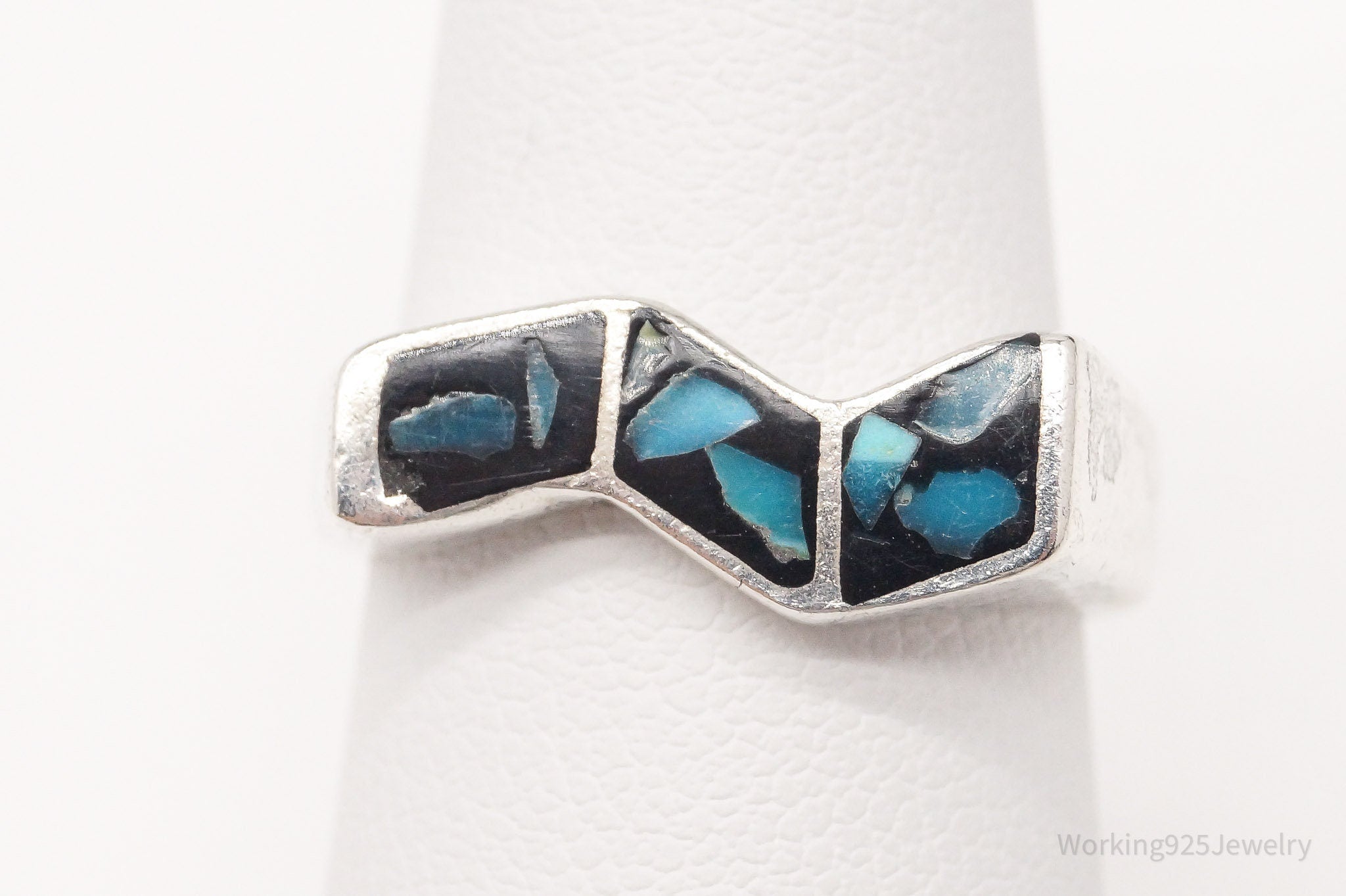 Vintage Blue Turquoise Inlay Sterling Silver Ring - Size 7