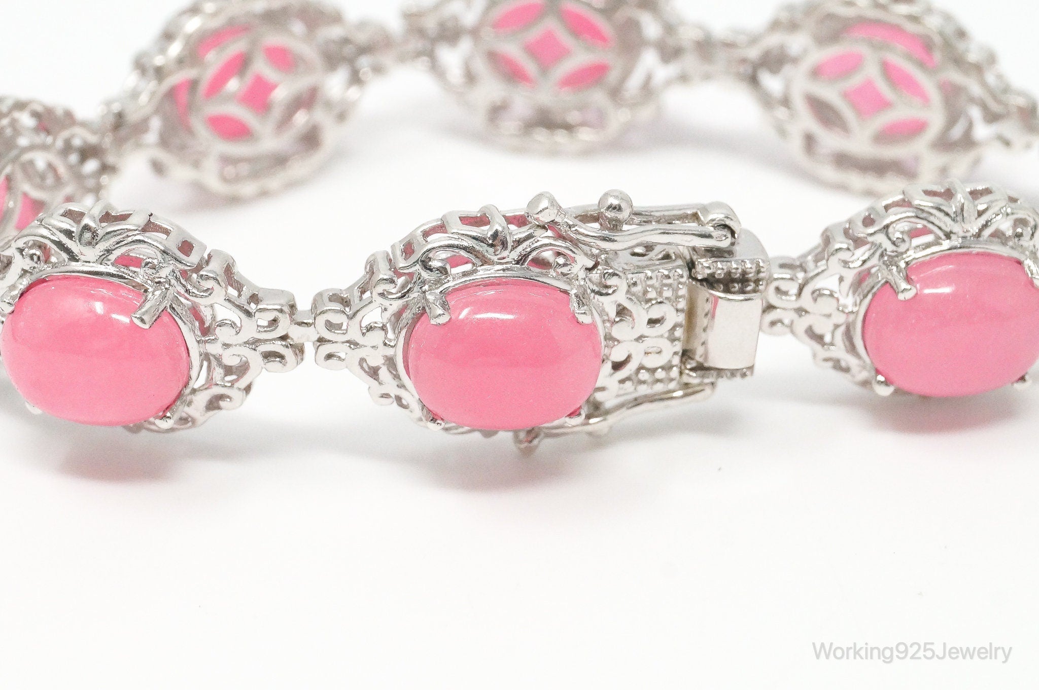 X492 Vintage Pink Jade Sterling Silver Bracelet