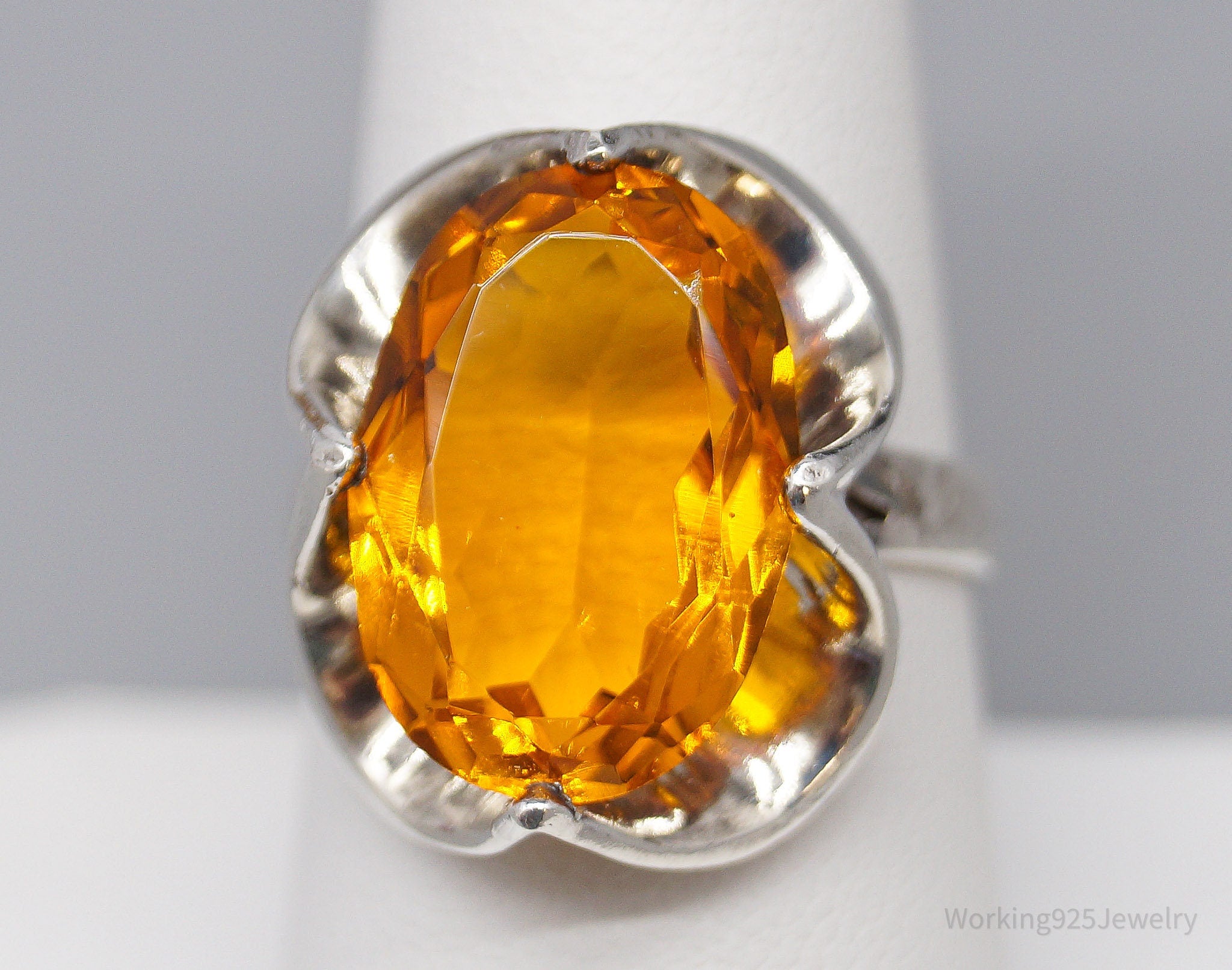 Vintage Mexico Large Orange Stone Modernist Sterling Silver Ring - Size 8.25