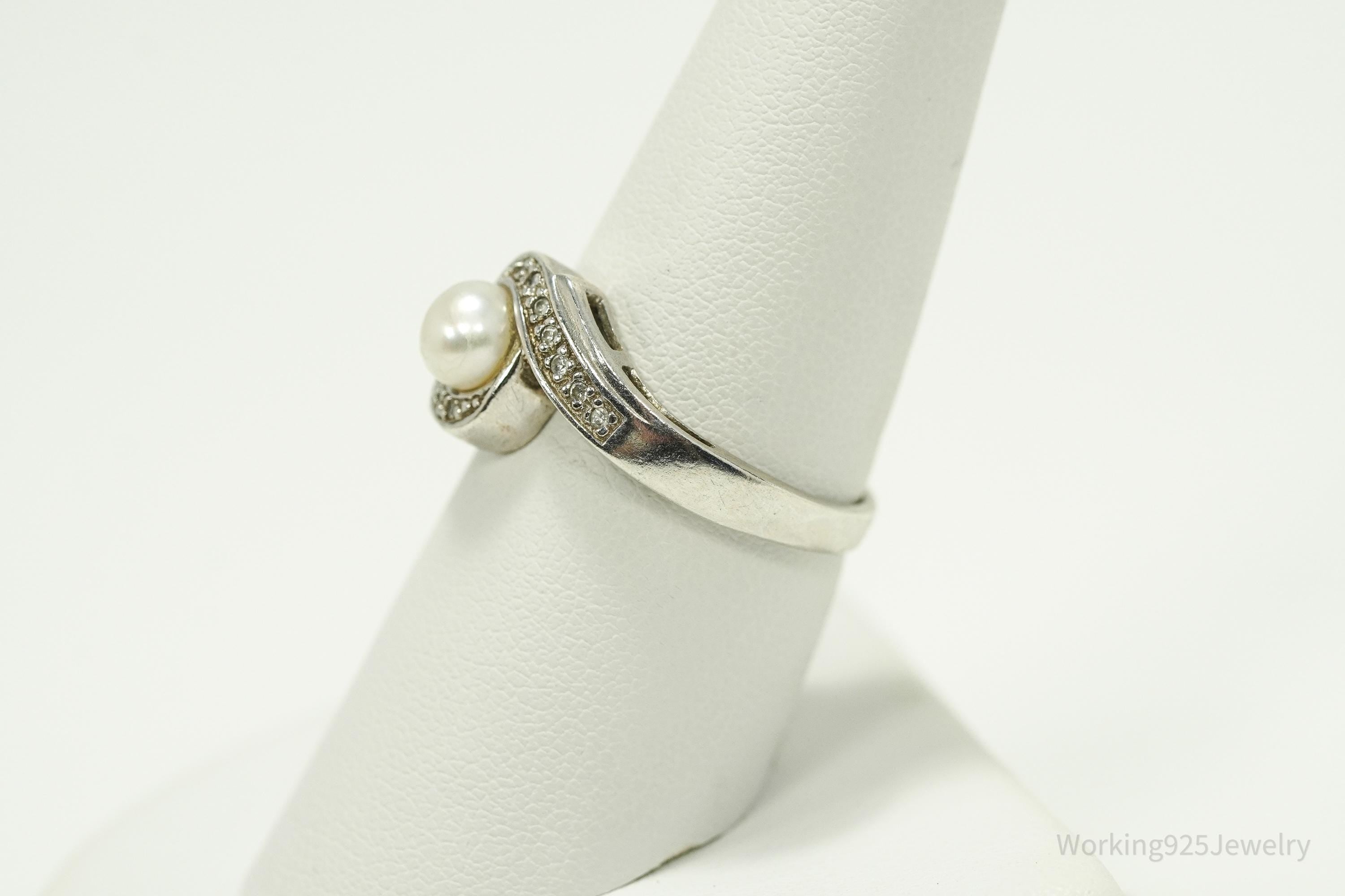 Vintage Pearl & Cubic Zirconia Sterling Silver Ring - Size 8