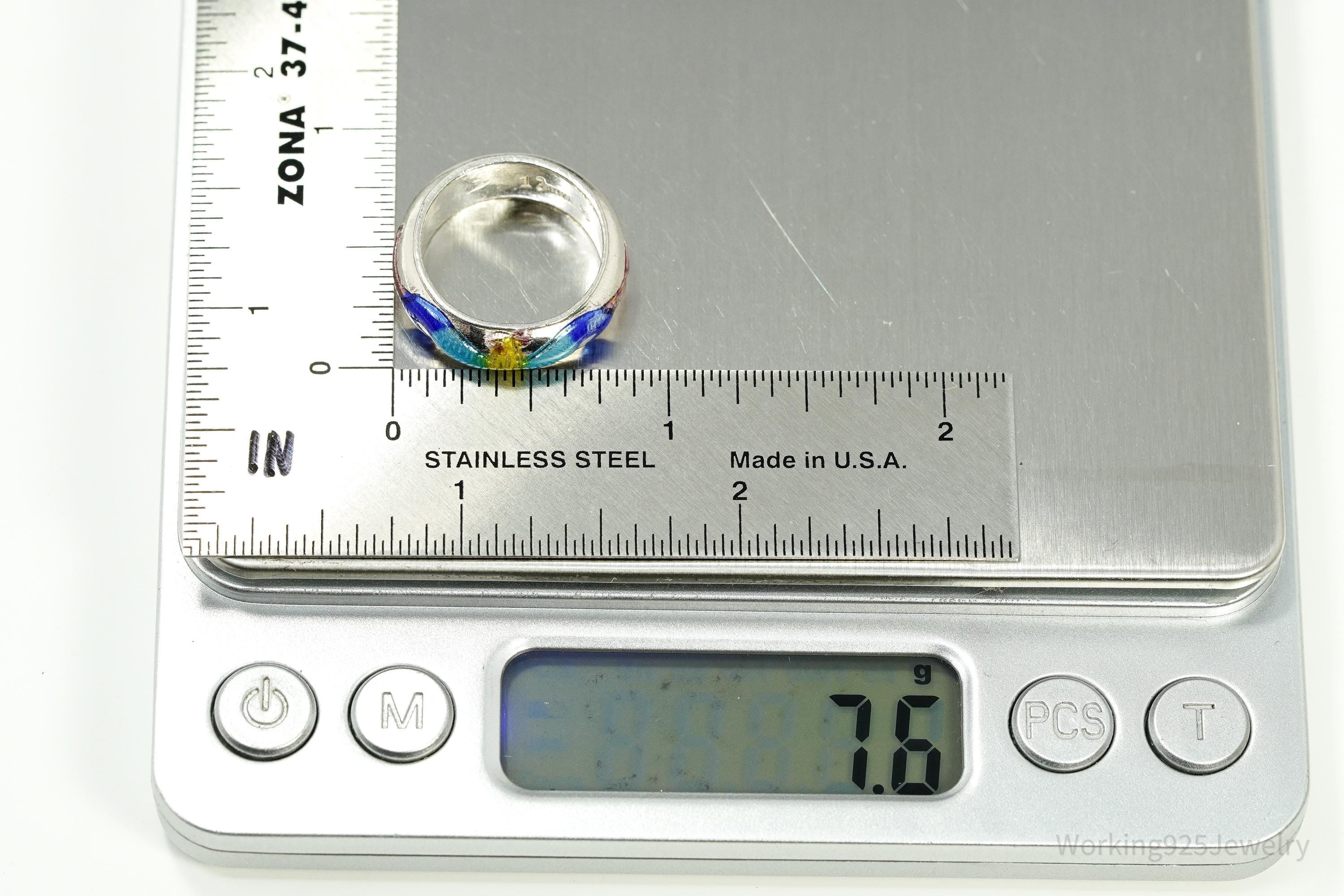 Vintage Enamel Silver Band Ring Size 6.25