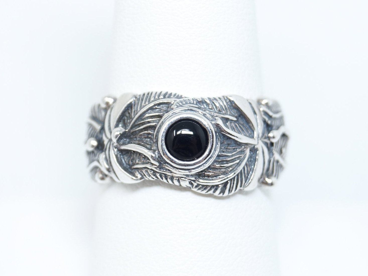 Vintage Southwestern Black Onyx Feather Sterling Silver Band Ring - Size 8.25