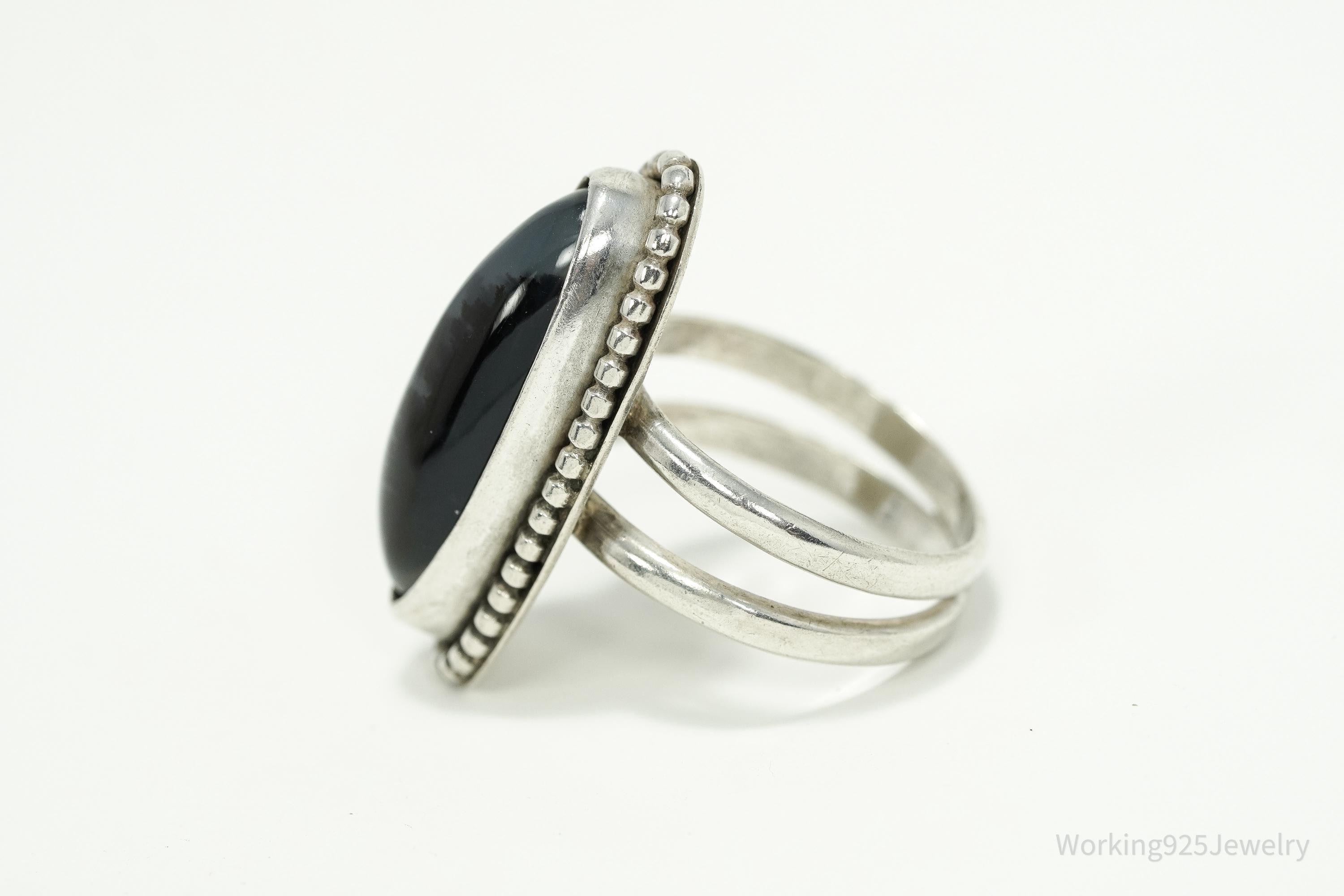 Vintage Large Agate Silver Ring - Size 9