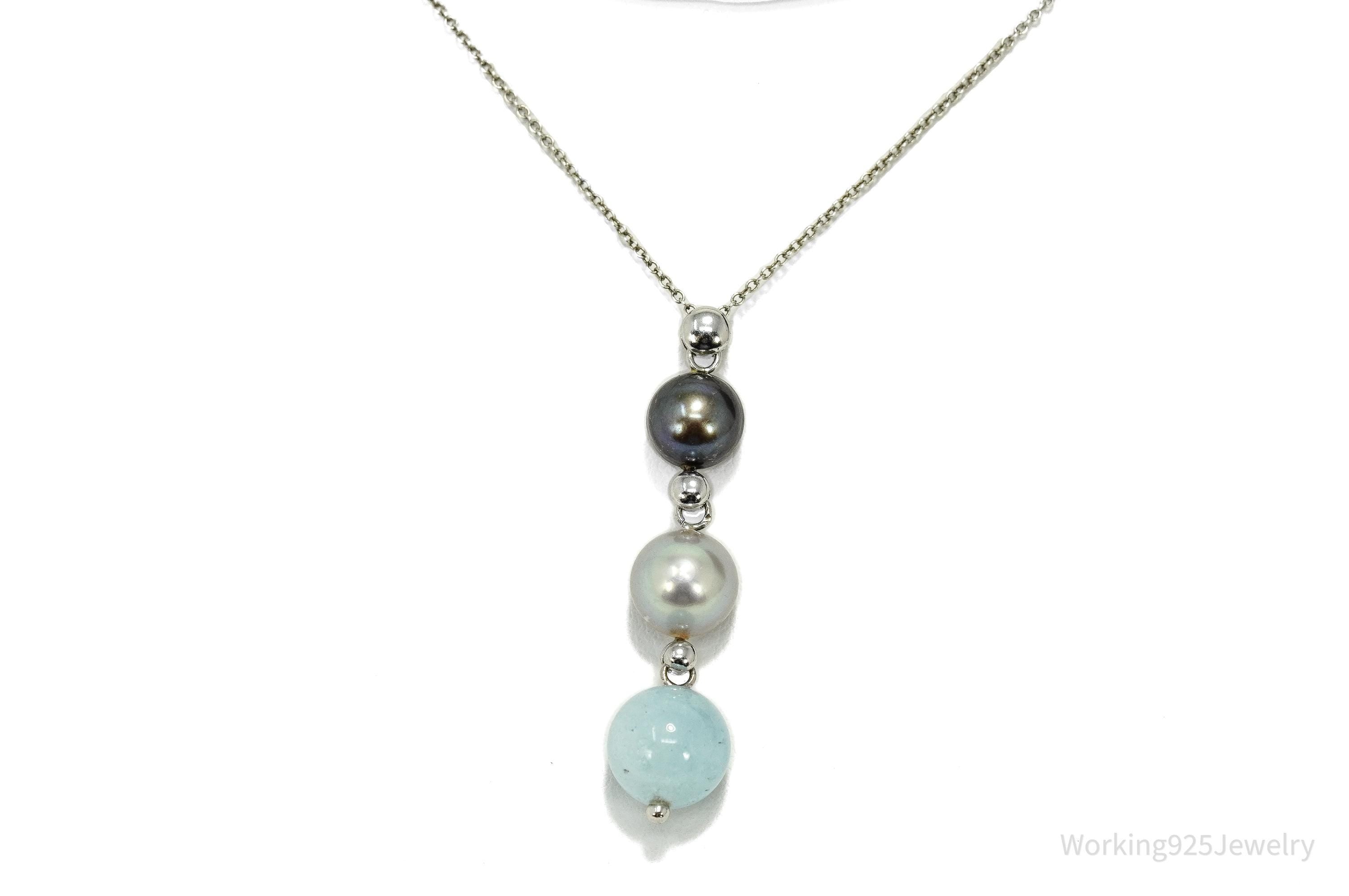 Vintage Pearl & Aquamarine Sterling Silver Necklace 18"