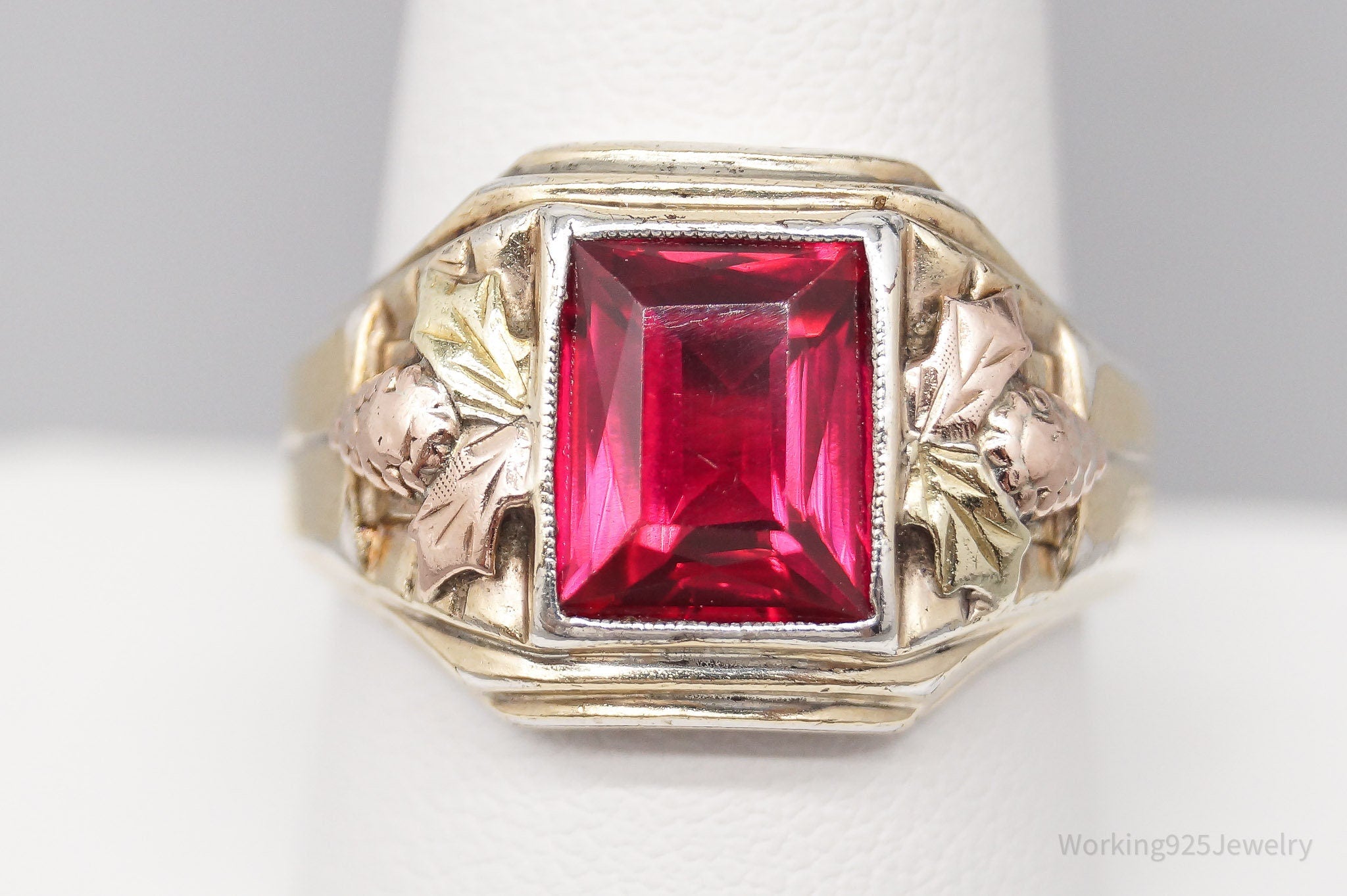 Antique Ruby 10K Gold Top Sterling Silver Ring - Size 9.75