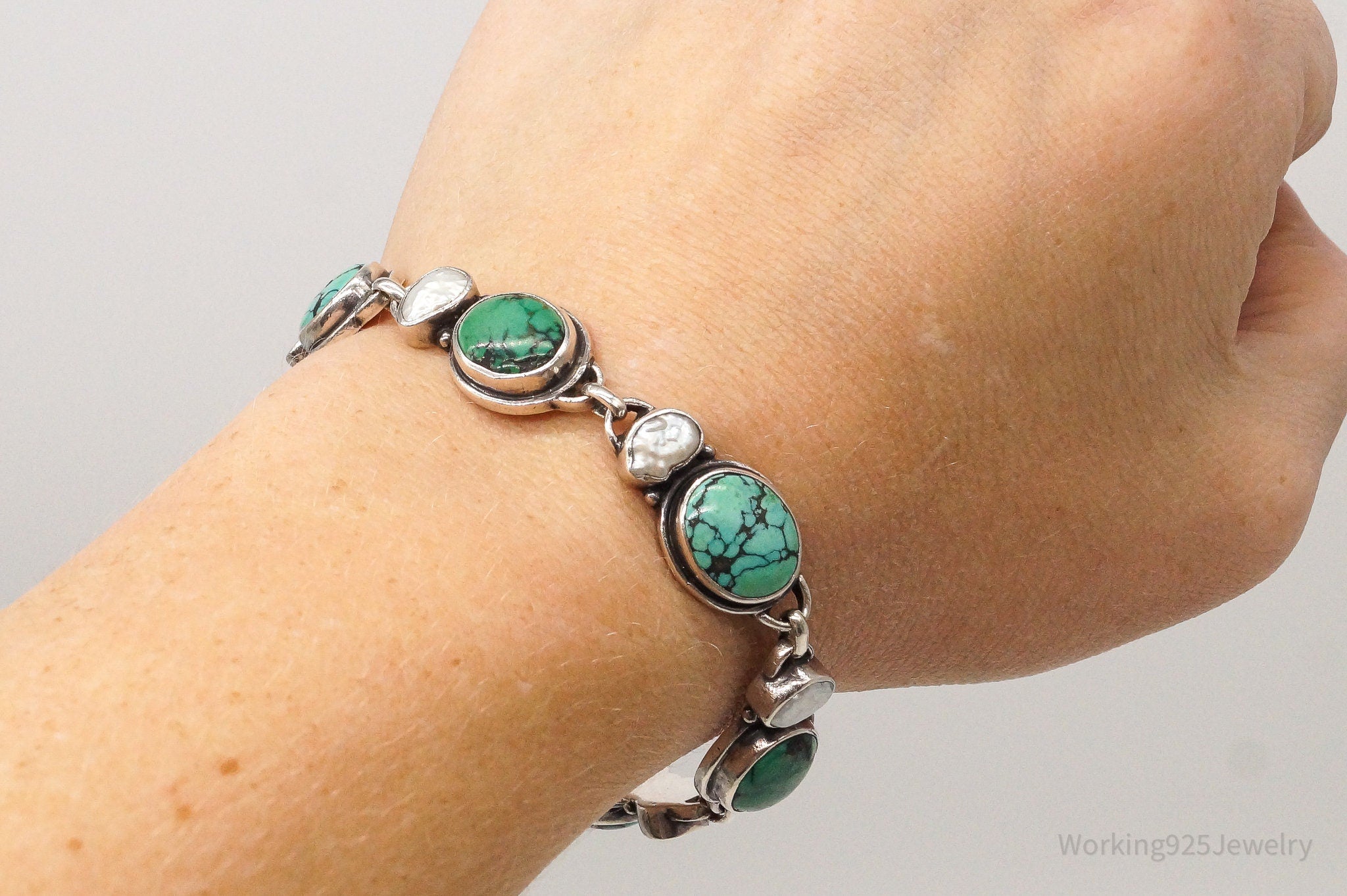 Vintage Turquoise Pearl Sterling Silver Bracelet