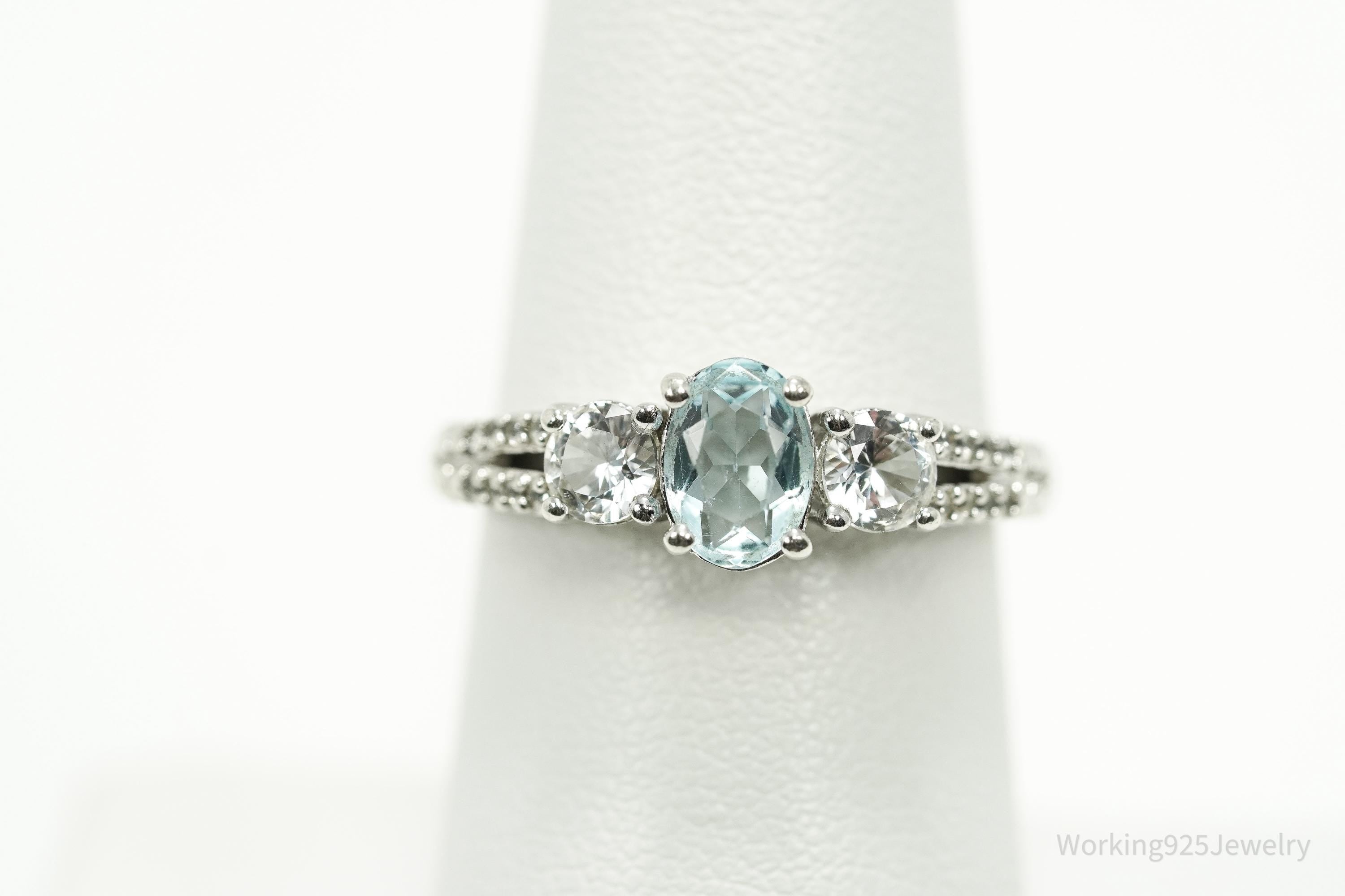 Vintage Blue Topaz & Cubic Zirconia Sterling Silver Ring - Size 7