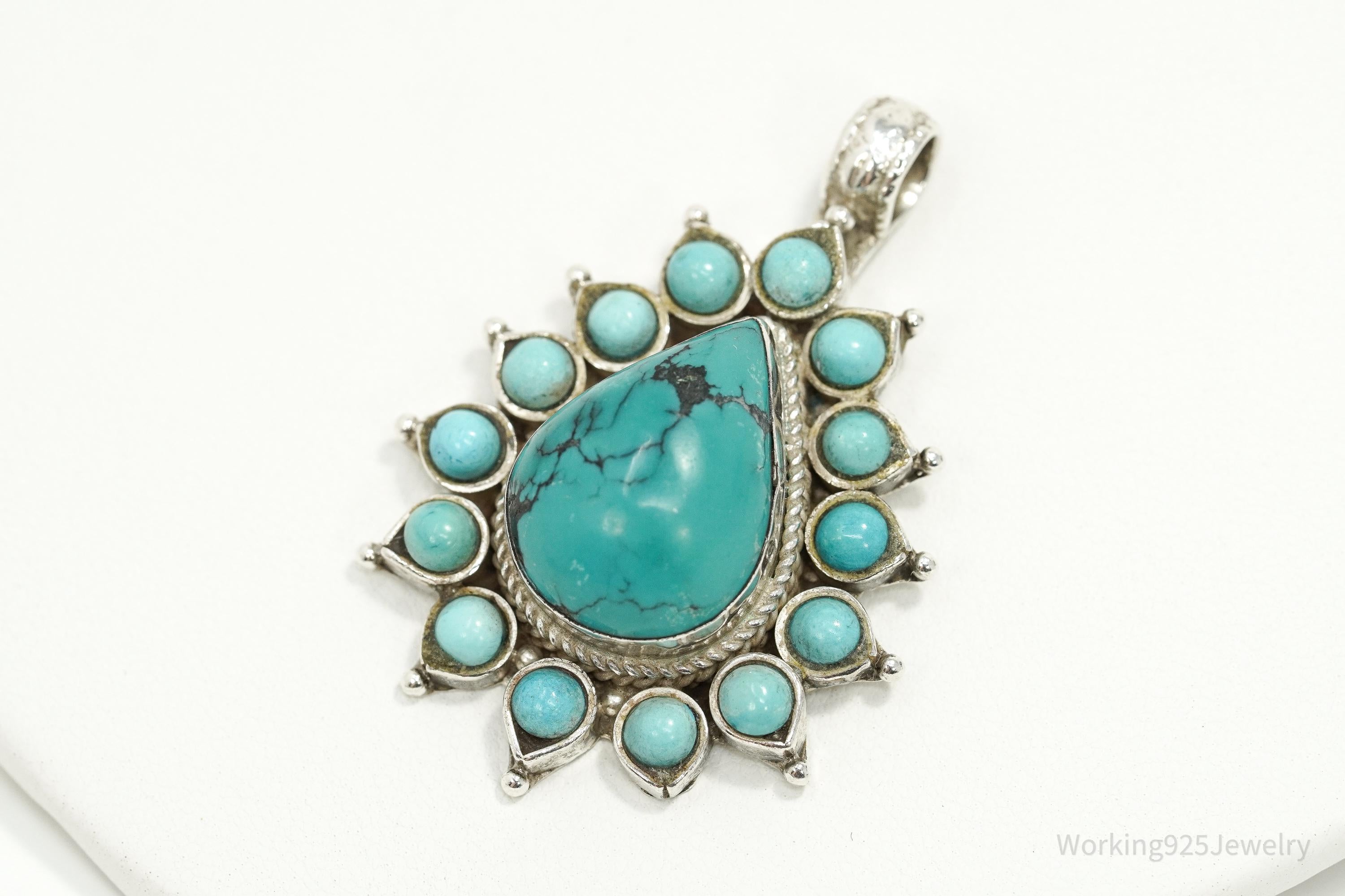 Large Vintage Turquoise Teardrop Sterling Silver Pendant
