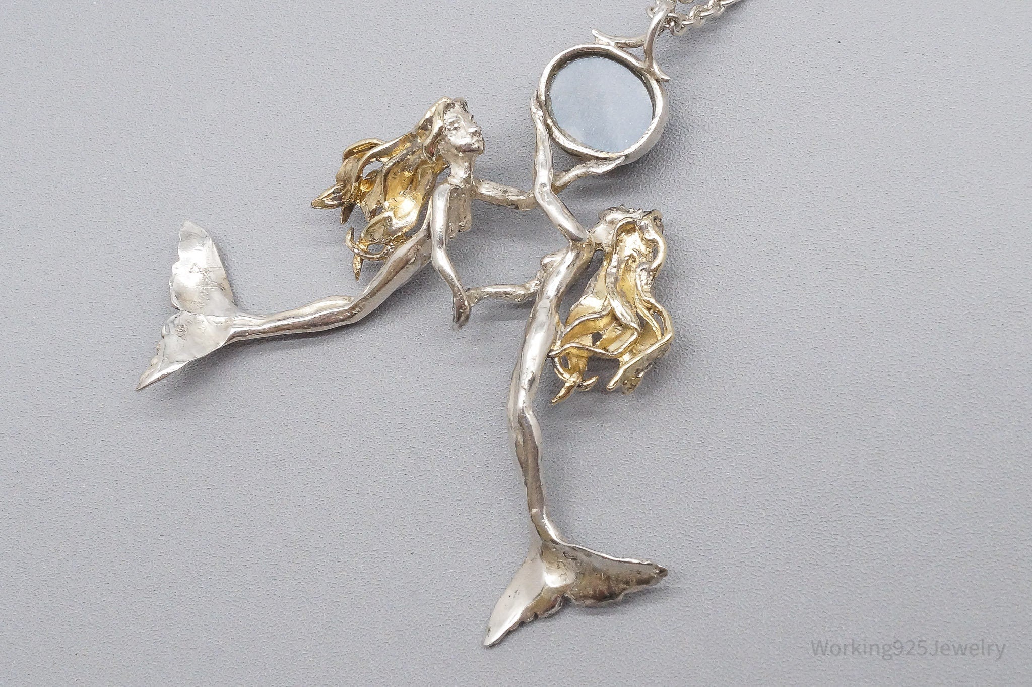 Vintage Gray Moonstone 24K Gold Sterling Silver Mermaids Necklace 34"