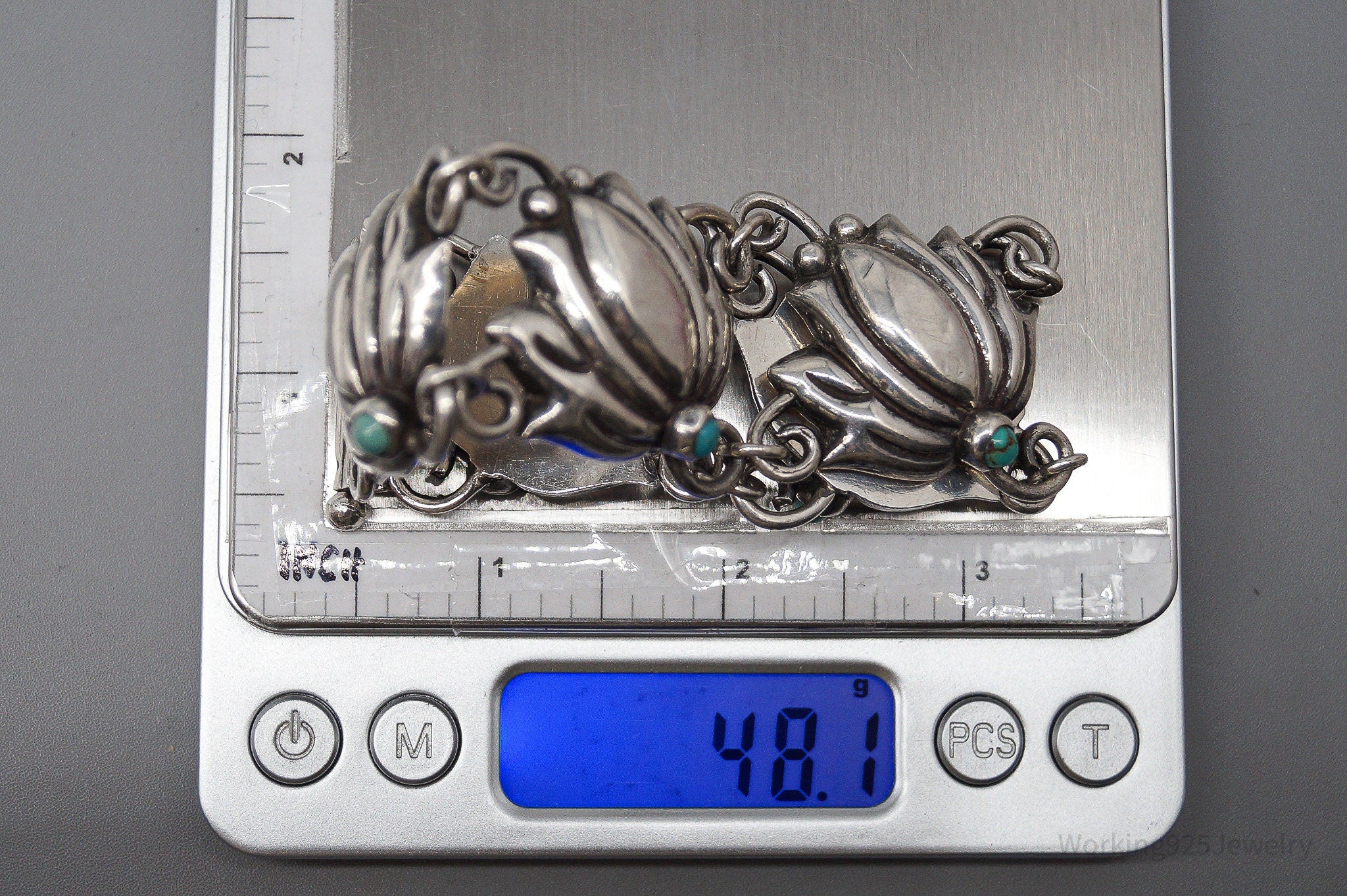 Vintage Mexico Blue Turquoise Inlay & Flowers Silver Bracelet - 7.75"