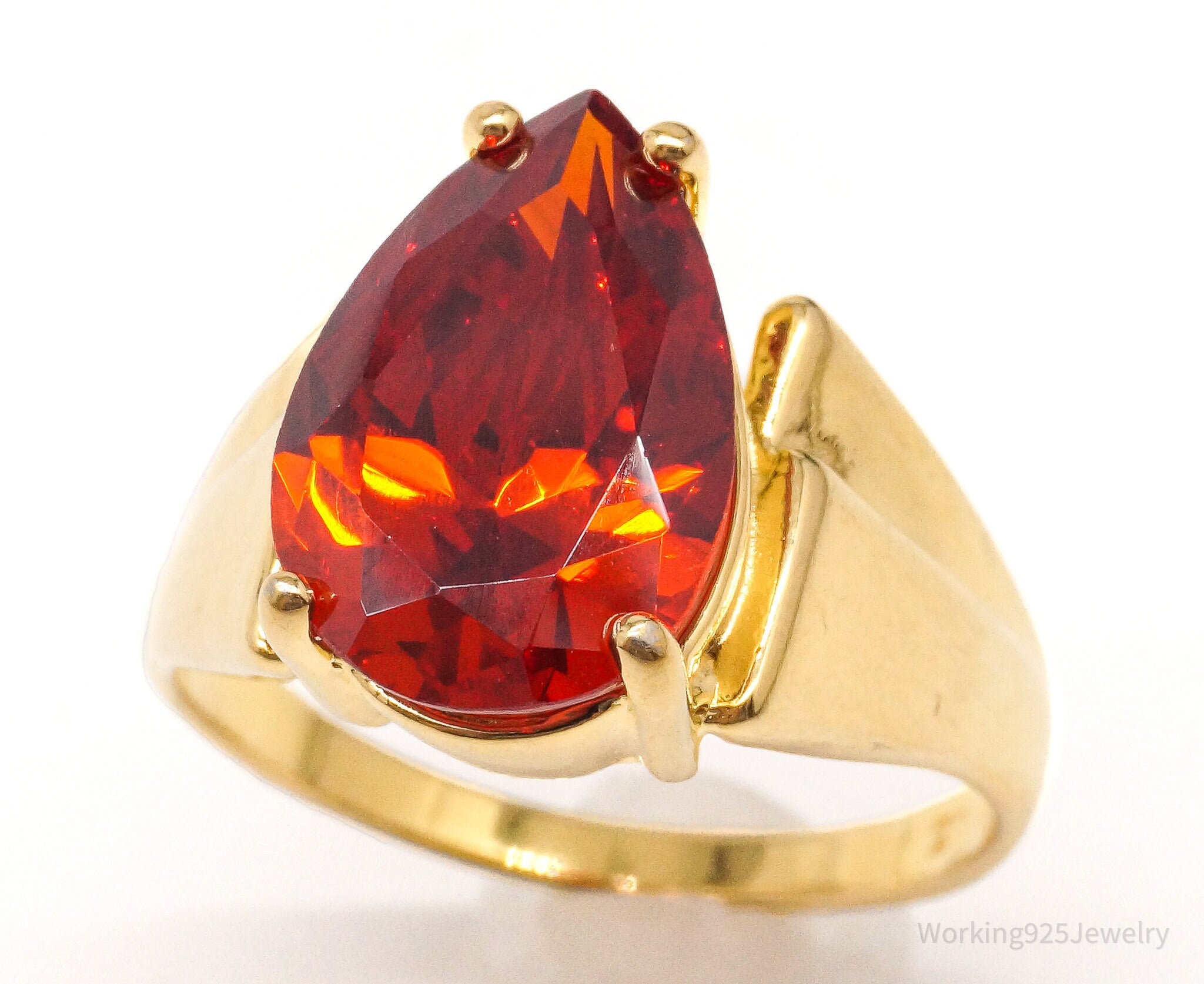 Vintage Large Fire Orange Cubic Zirconia Gold Over Sterling Silver Ring Size 8