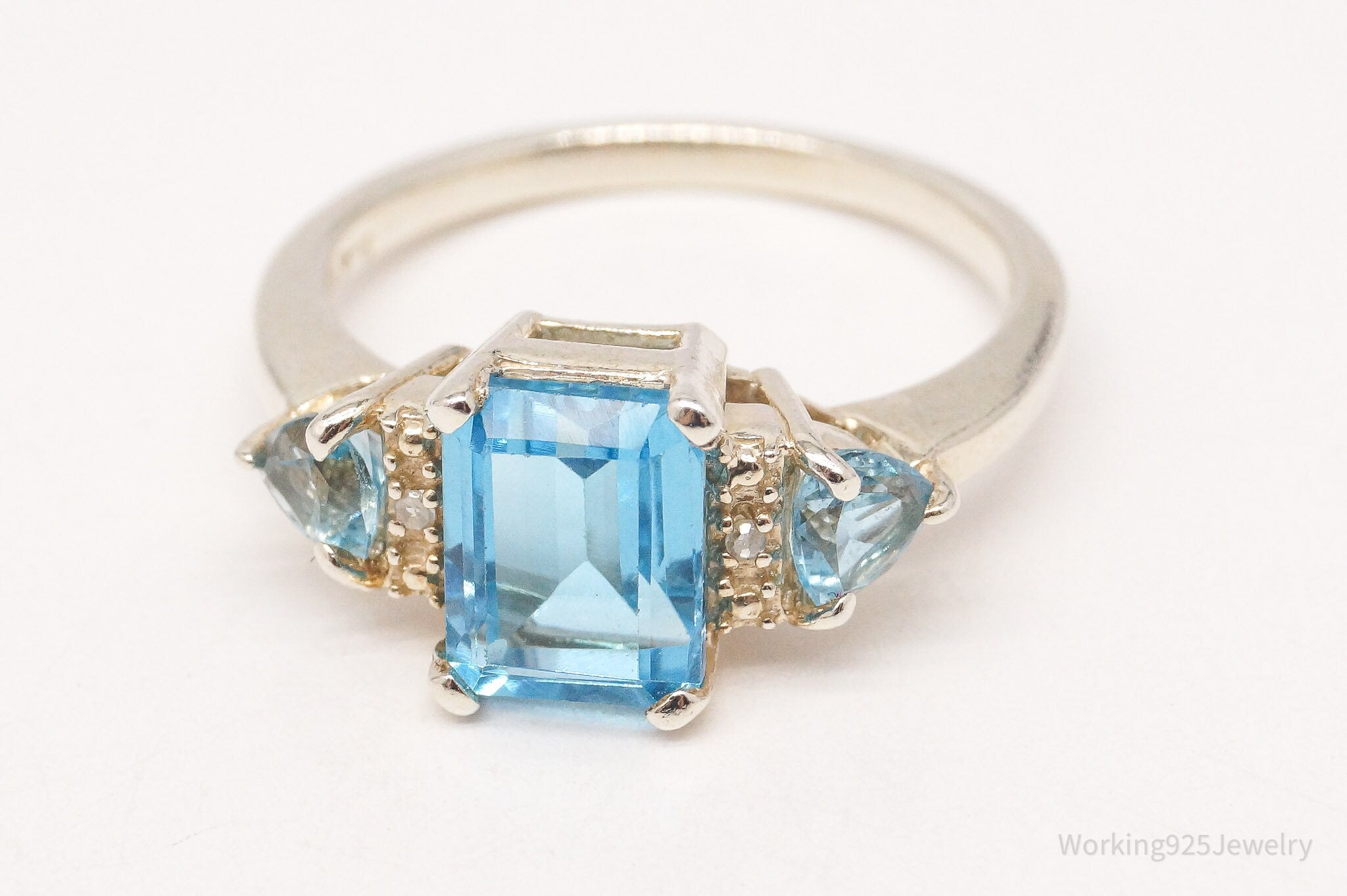 Vintage Blue Topaz Two Diamond Sterling Silver Ring - Size 6.75