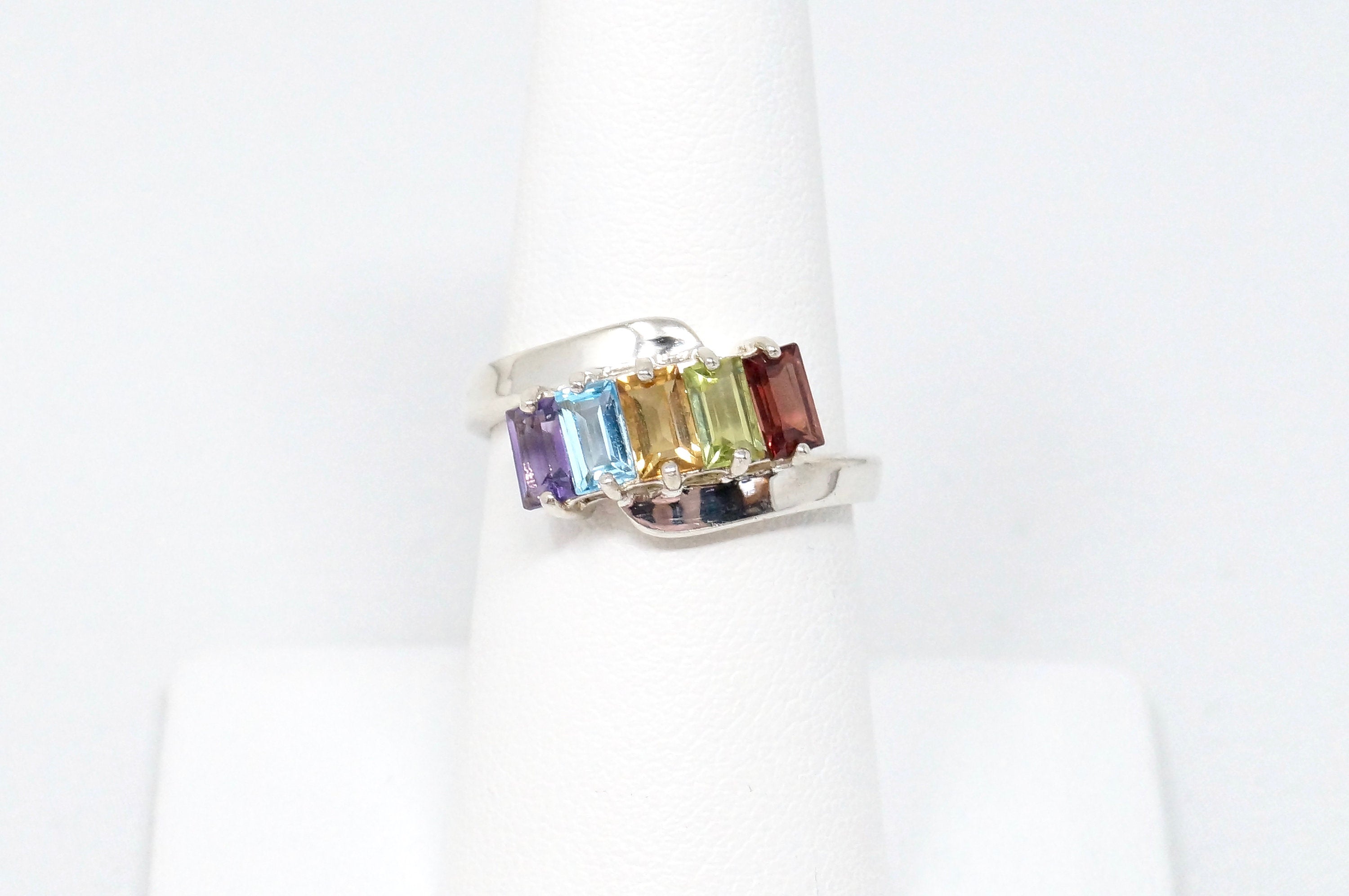 Vintage Citrine Peridot Blue Topaz Amethyst Garnet Sterling Silver Ring Sz 7.75