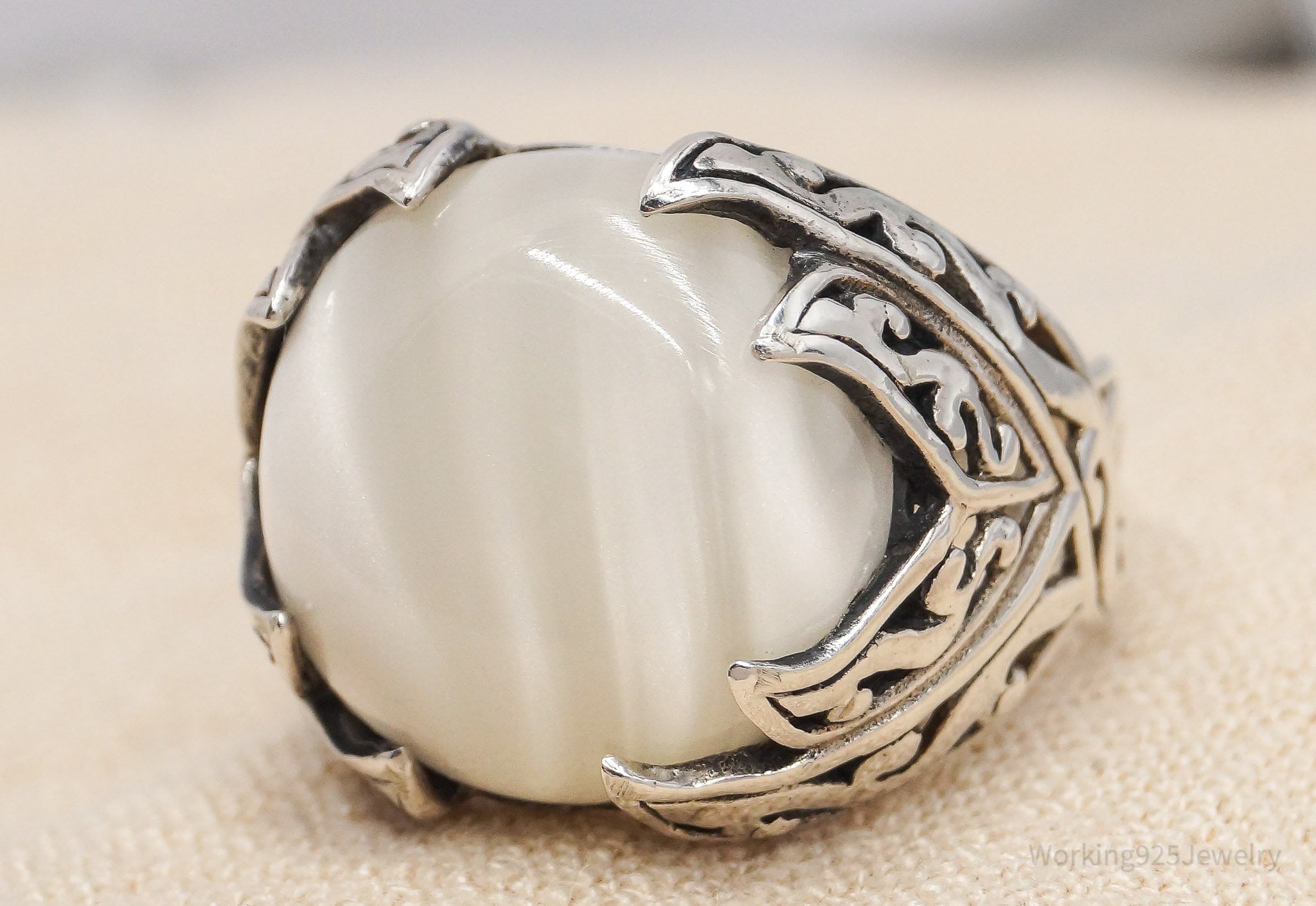 Vintage Faux White Striped Stone Sterling Silver Ring - Size 9
