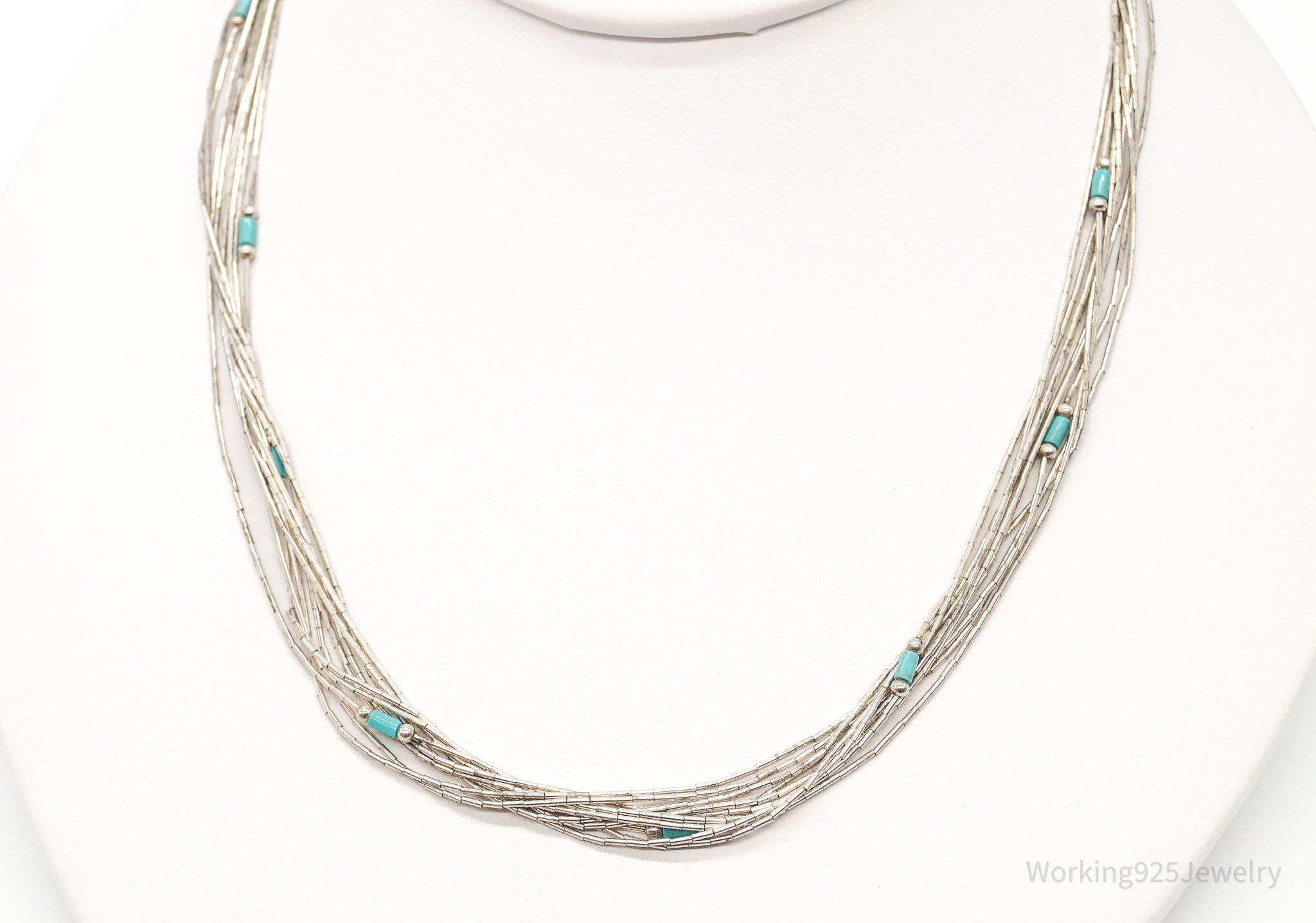 Vintage Native American Blue Turquoise Sterling Silver Bead Necklace 22"