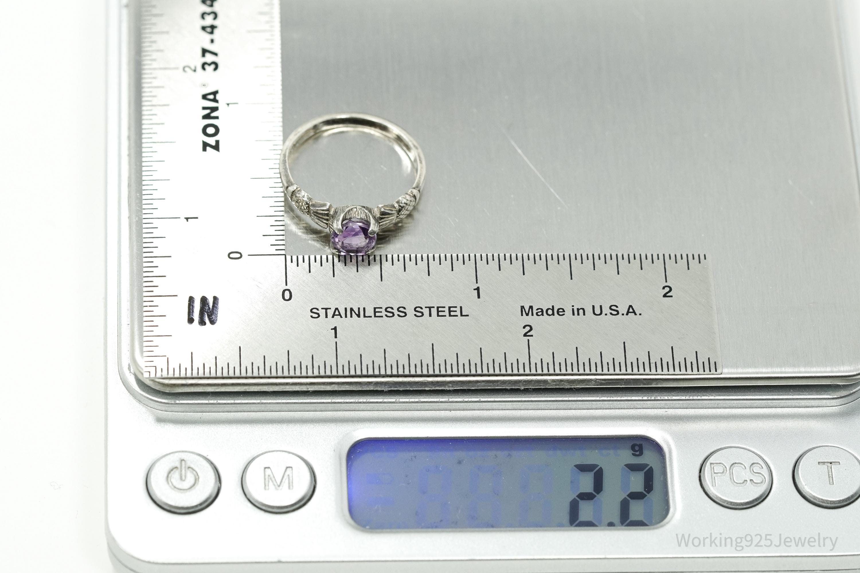 Vintage Amethyst Scottish Thistle Sterling Silver Ring - Size 7