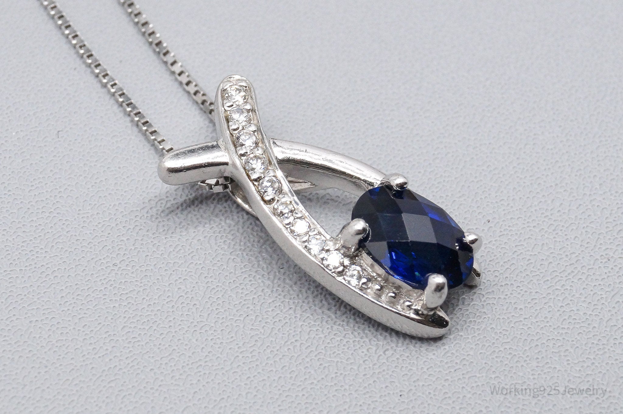 Vintage Lab Sapphire & Cubic Zirconia Sterling Silver Necklace 18"