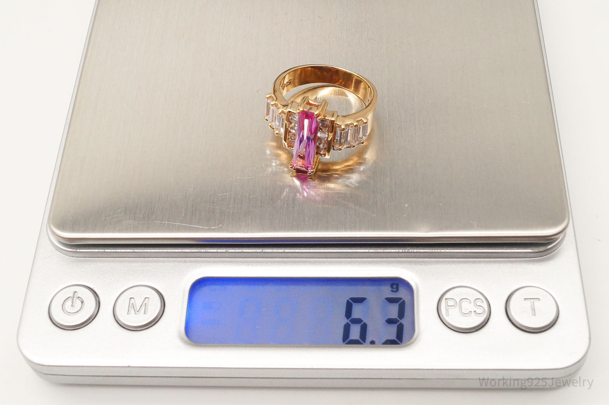 Vintage Pink & White Cubic Zirconia Gold Vermeil Sterling Silver Ring SZ 7.75