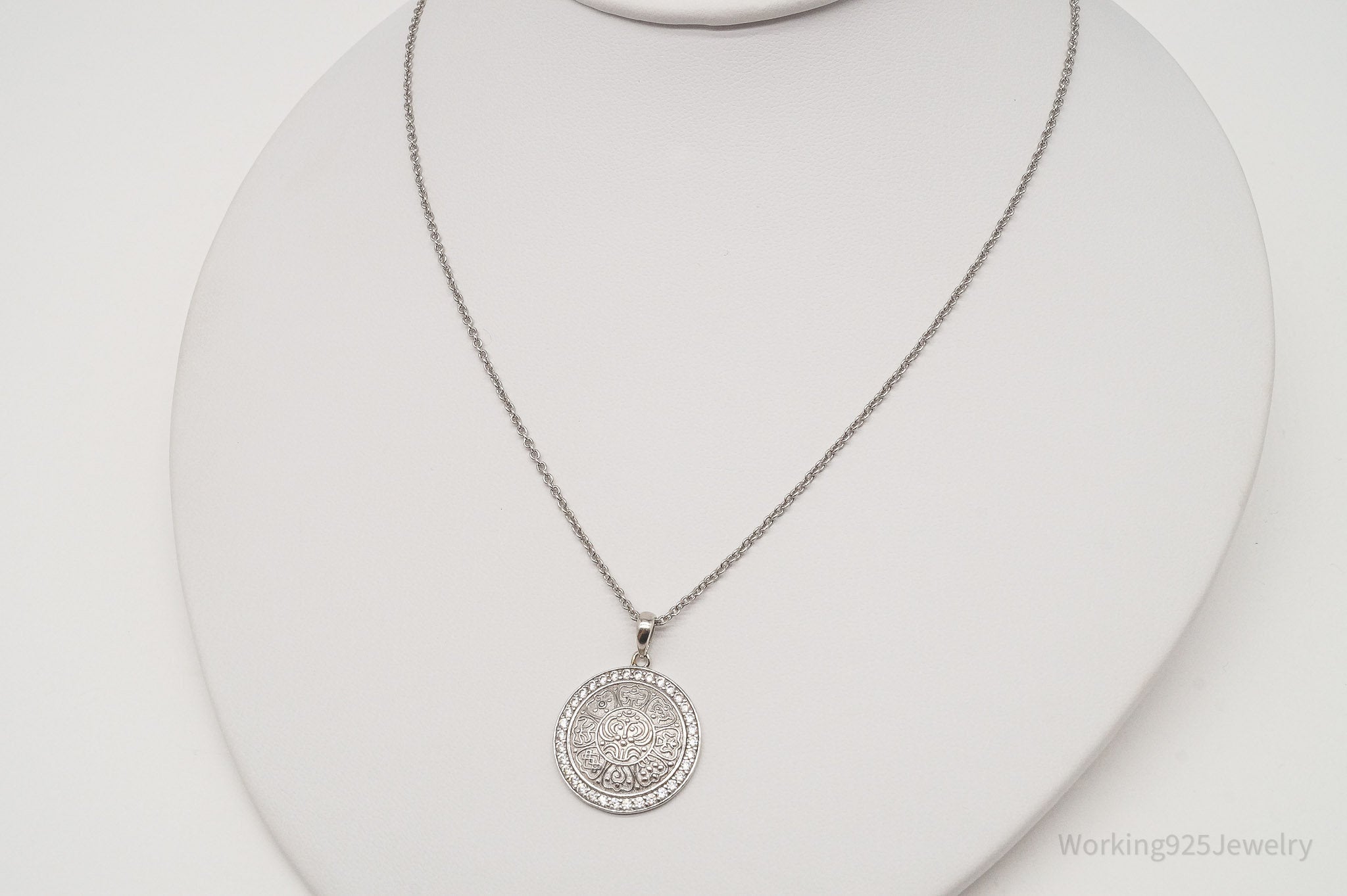 Vintage Ancient Tibet Coin Design CZ Sterling Silver Necklace 18"