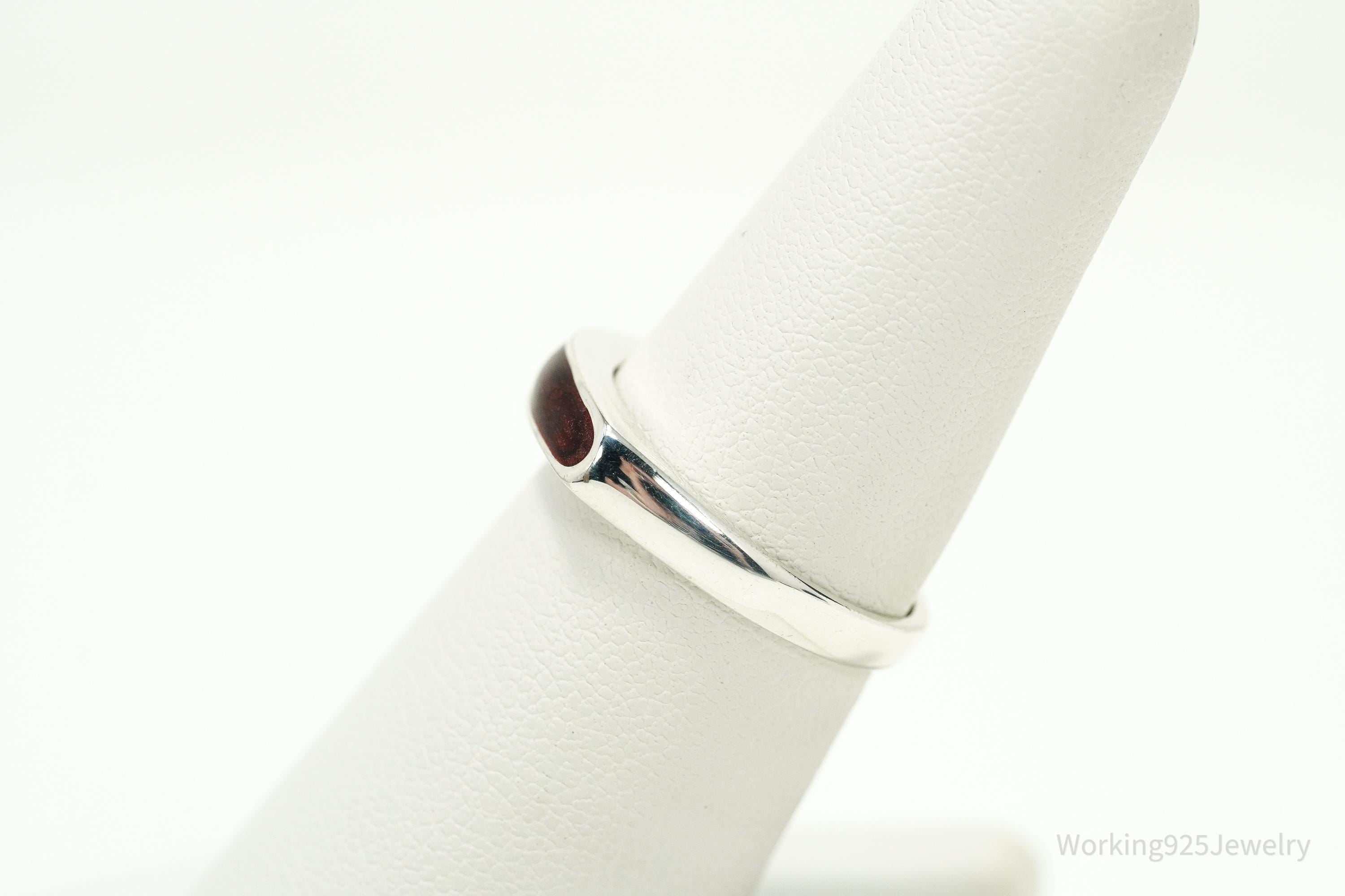 Vintage Blood Enamel Sterling Silver Ring - Size 6.75