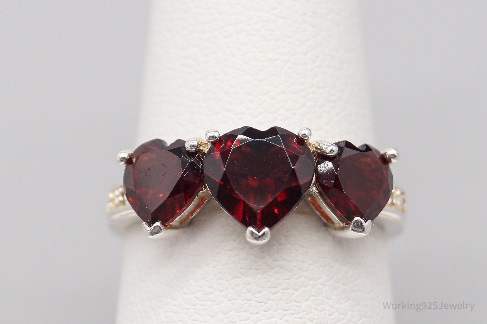 Vintage Garnet Hearts & Cubic Zirconia Sterling Silver Ring - Size 6.75