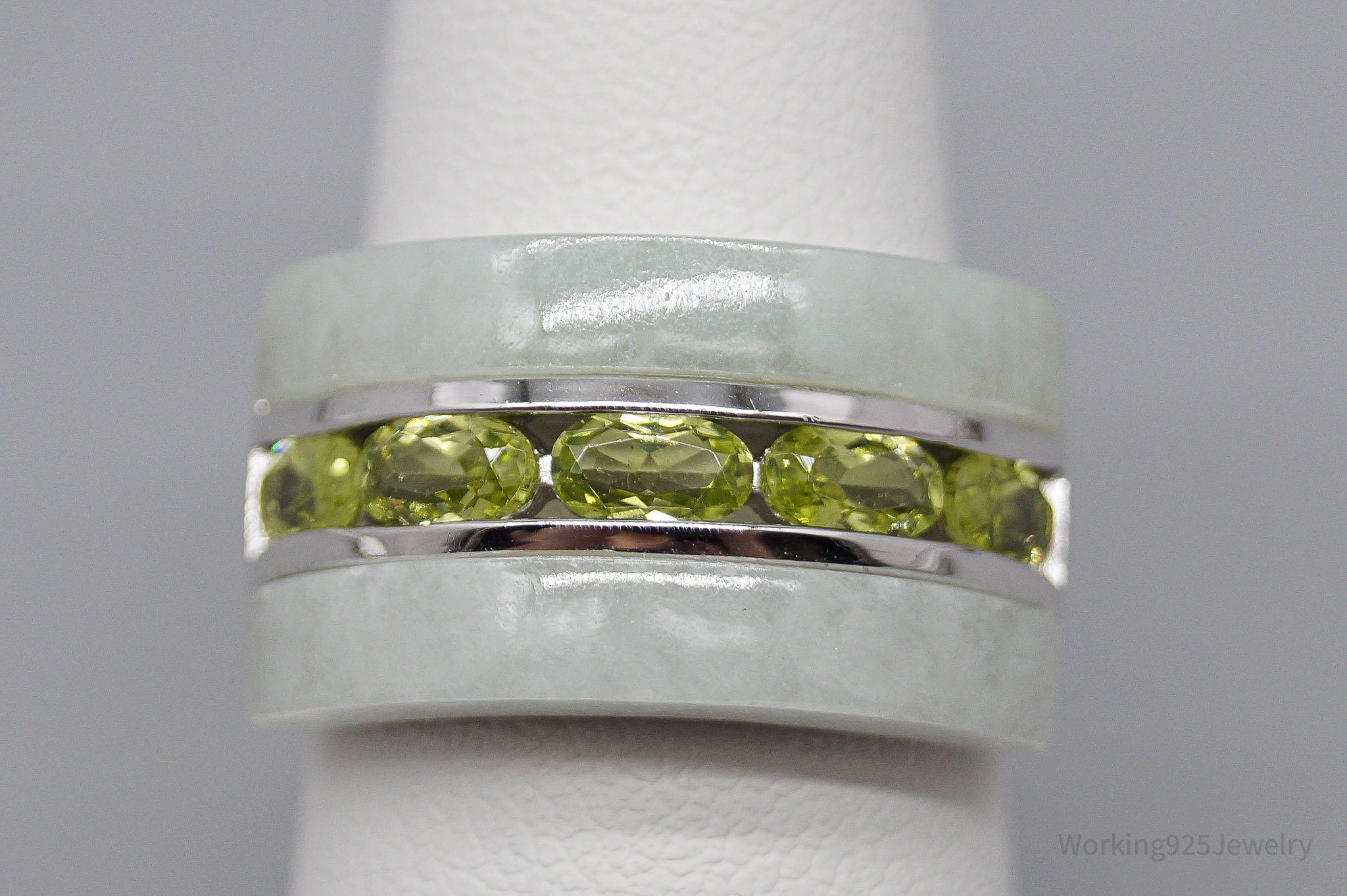 Green Jade & Peridot Sterling Silver Ring - Size 6.75
