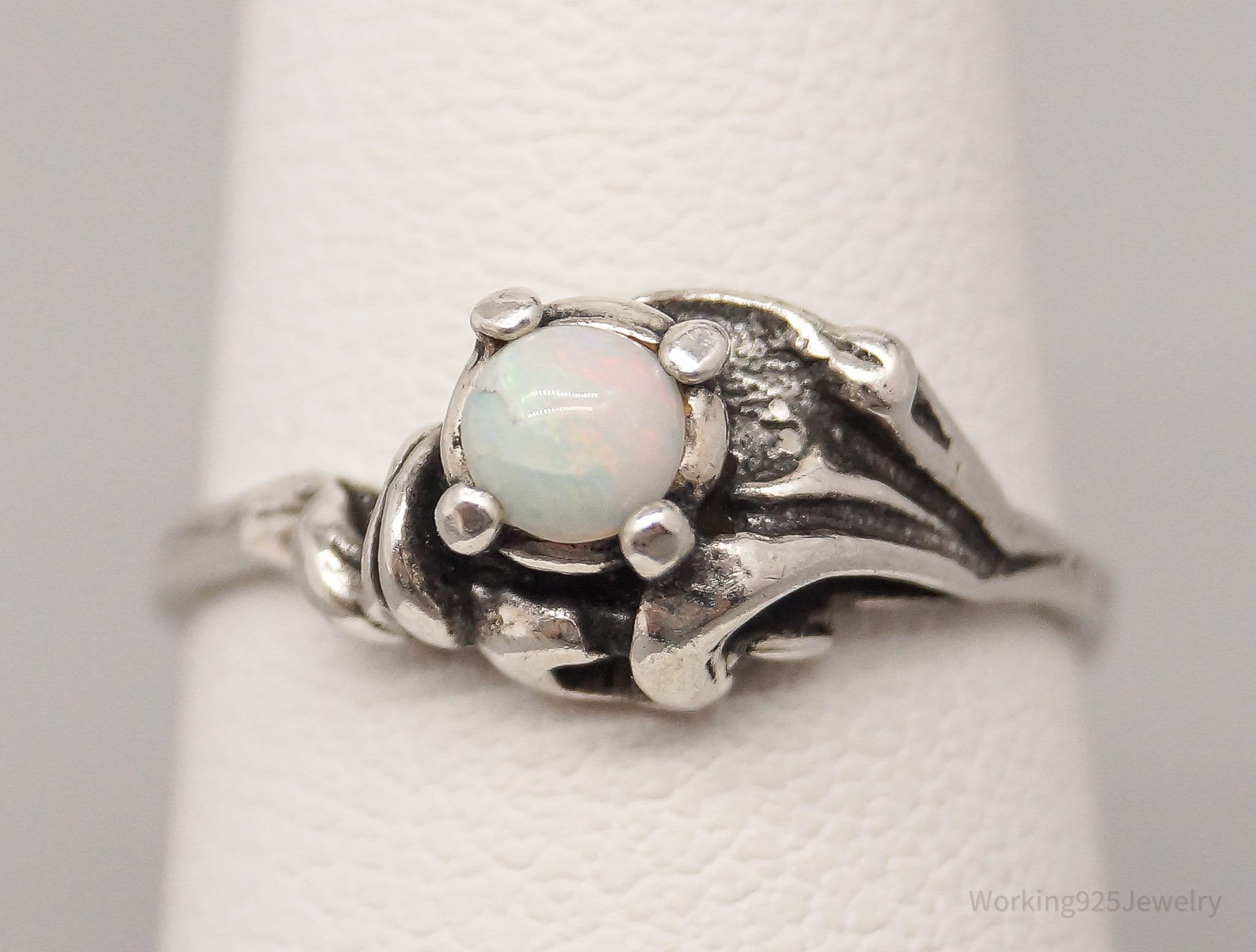 Vintage Opal Modernist Style Silver Ring - Size 4.5