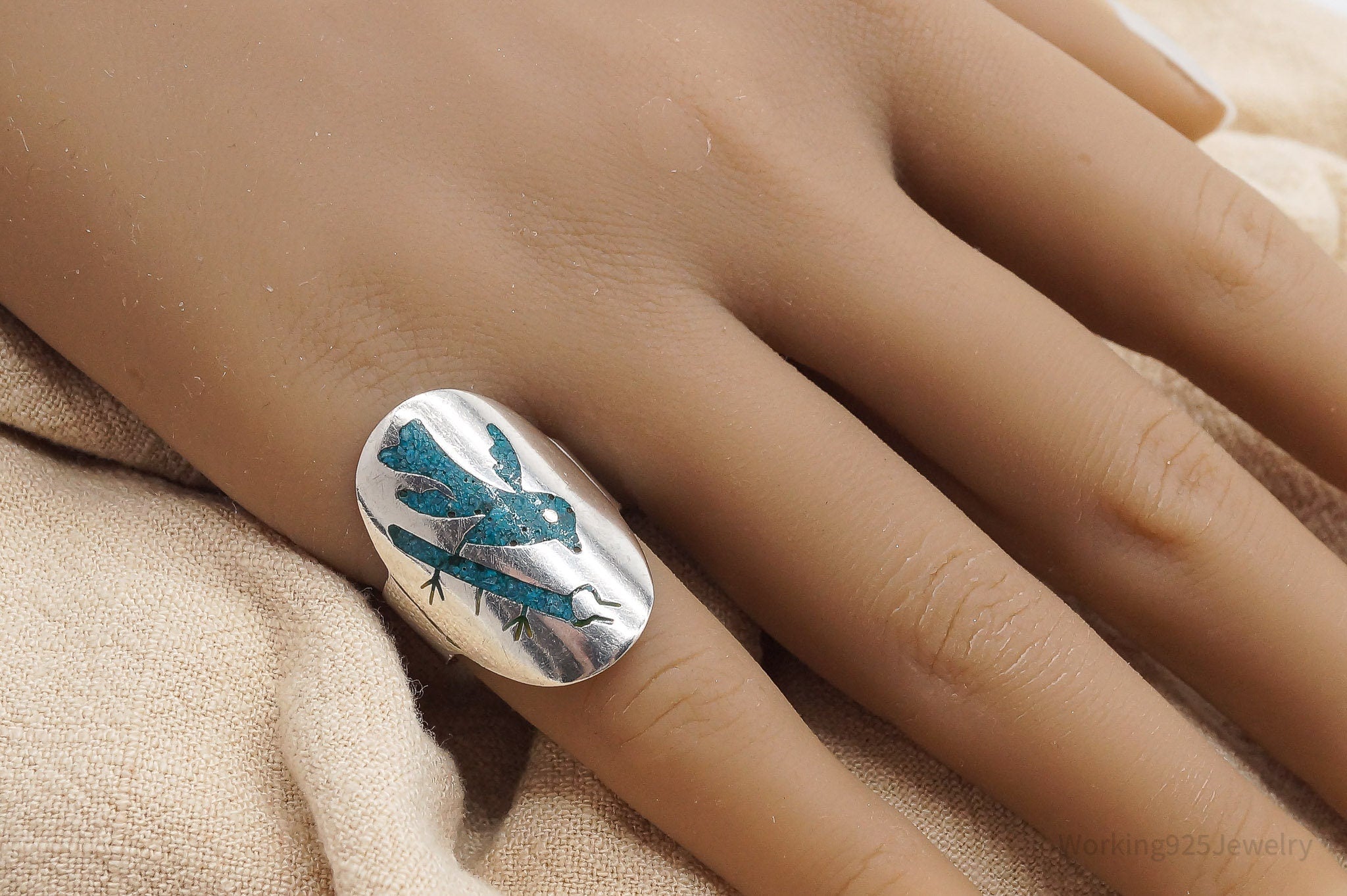 Vintage Mexico Turquoise Inlay Bird Sterling Silver Ring - Size 6