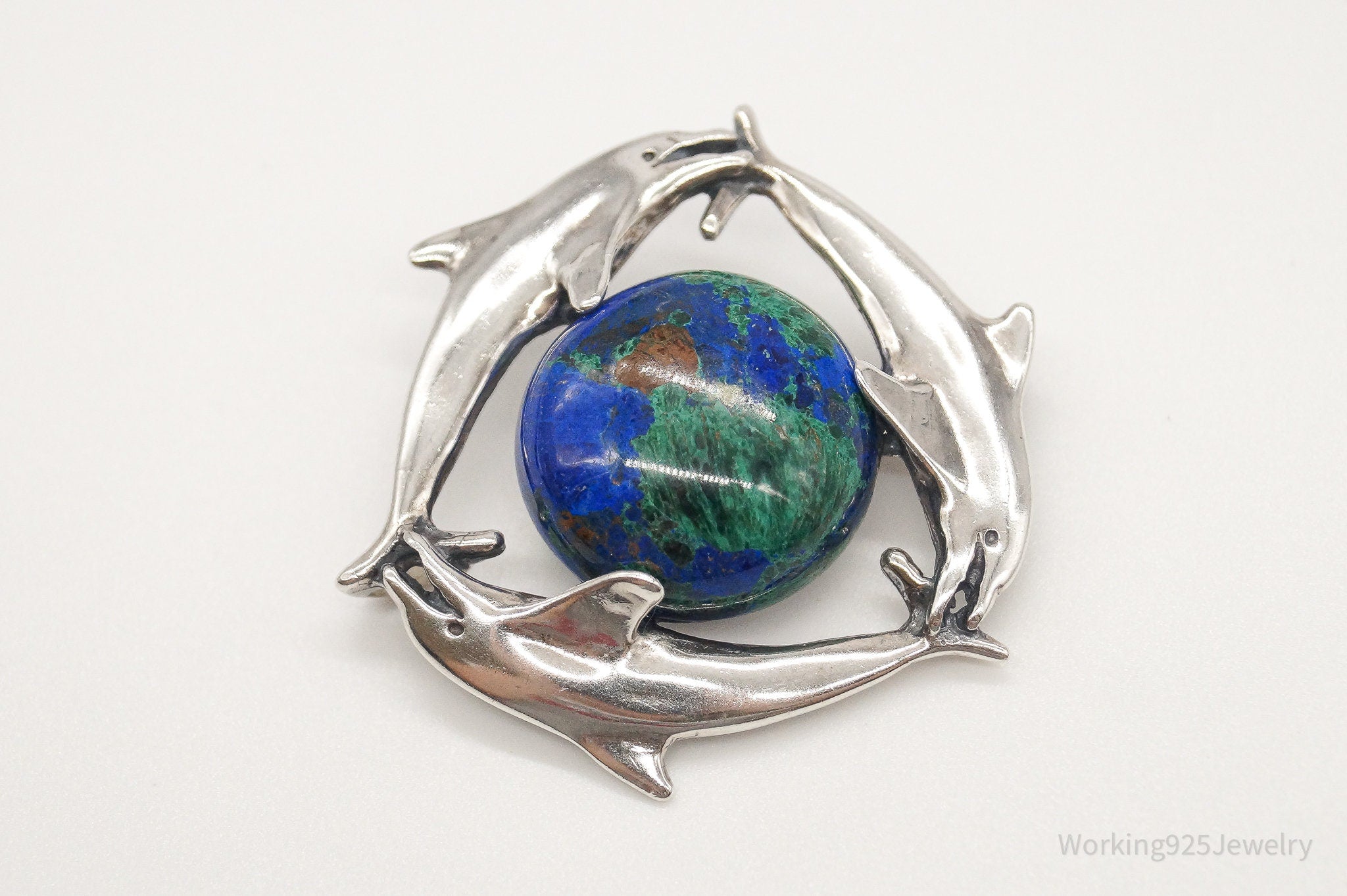 Vintage Large Azurite-Malachite Dolphins World Peace Sterling Silver Brooch