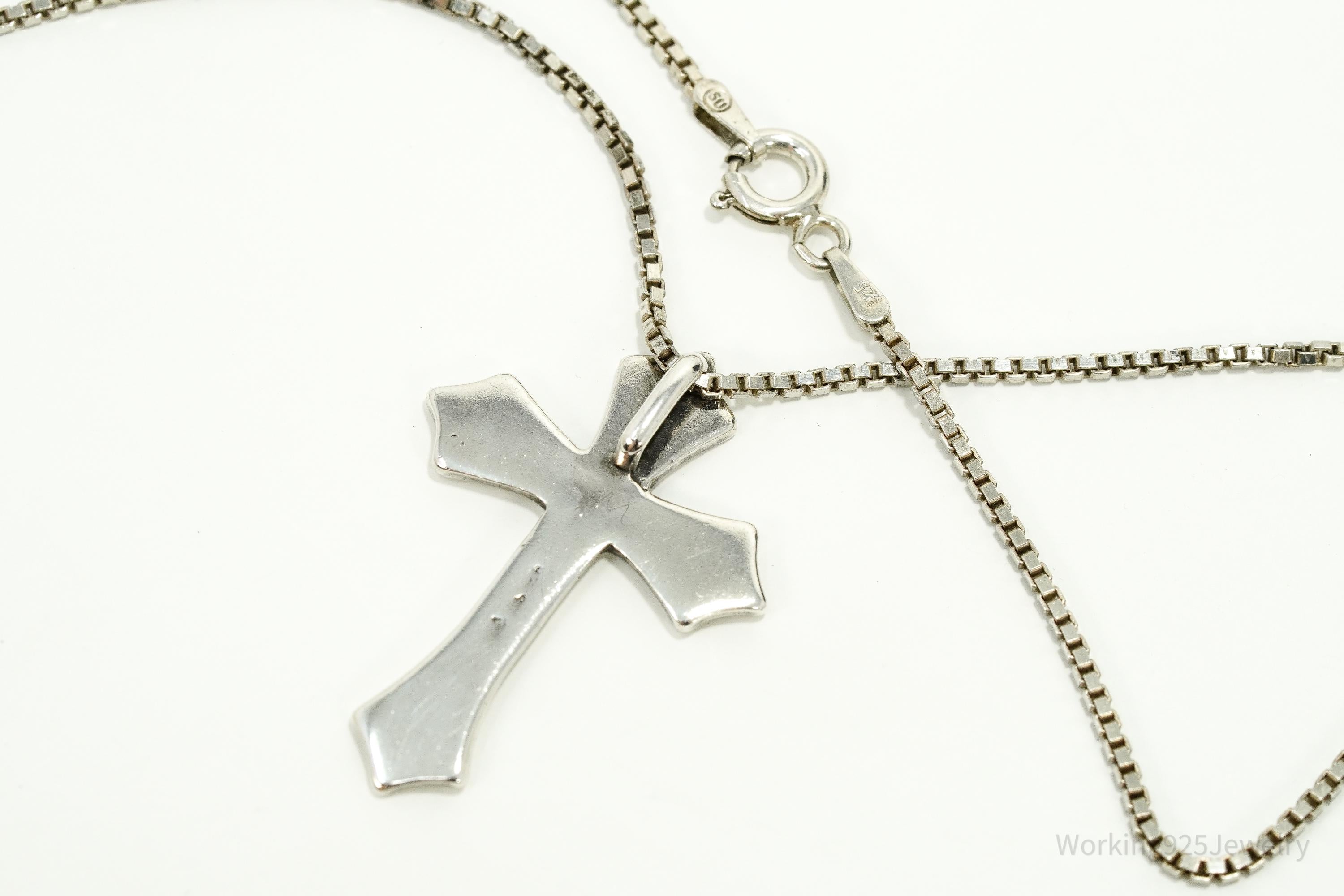 Vintage Black Enamel Inlay Sterling Silver Cross Necklace - 19"