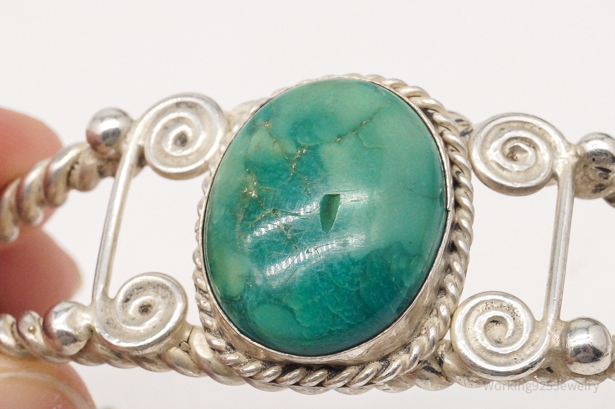 Vintage Handmade Filigree Turquoise Rope Design Silver Cuff Bracelet