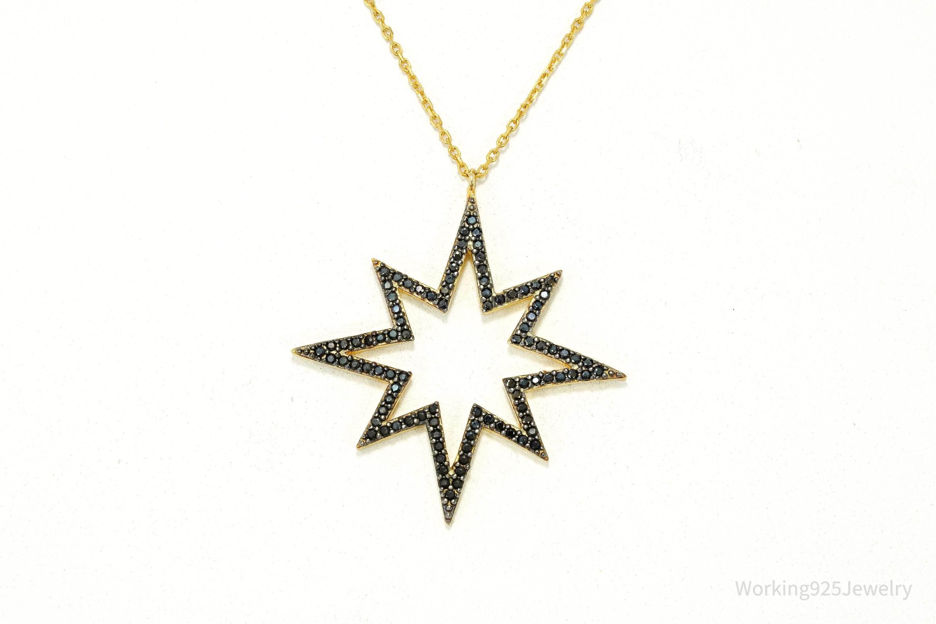 Vintage Pave Black Spinel Star Gold Vermeil Sterling Silver Necklace 17"