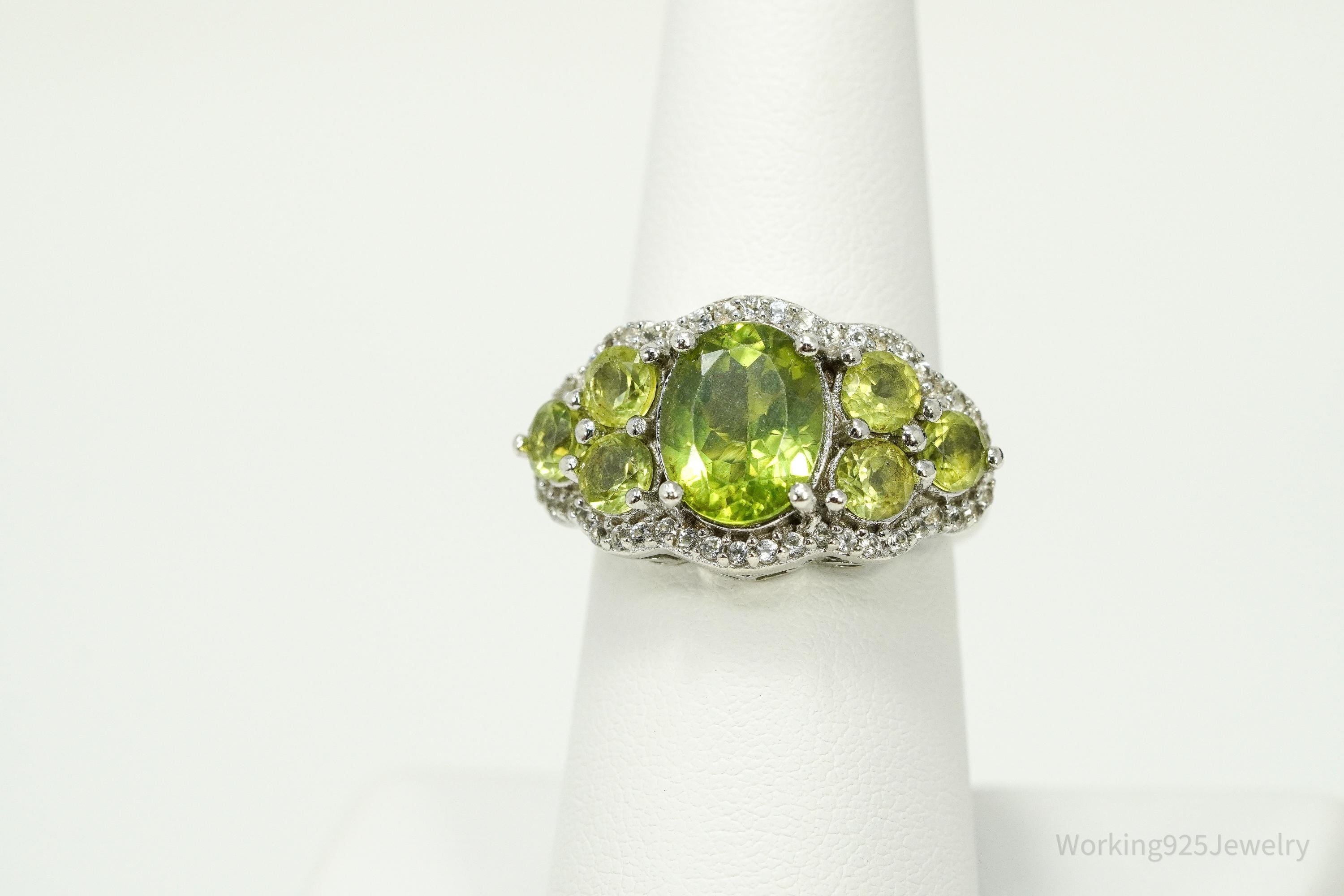 Green Peridot & White Zircon Rhodium Over Sterling Silver Ring - Size 7