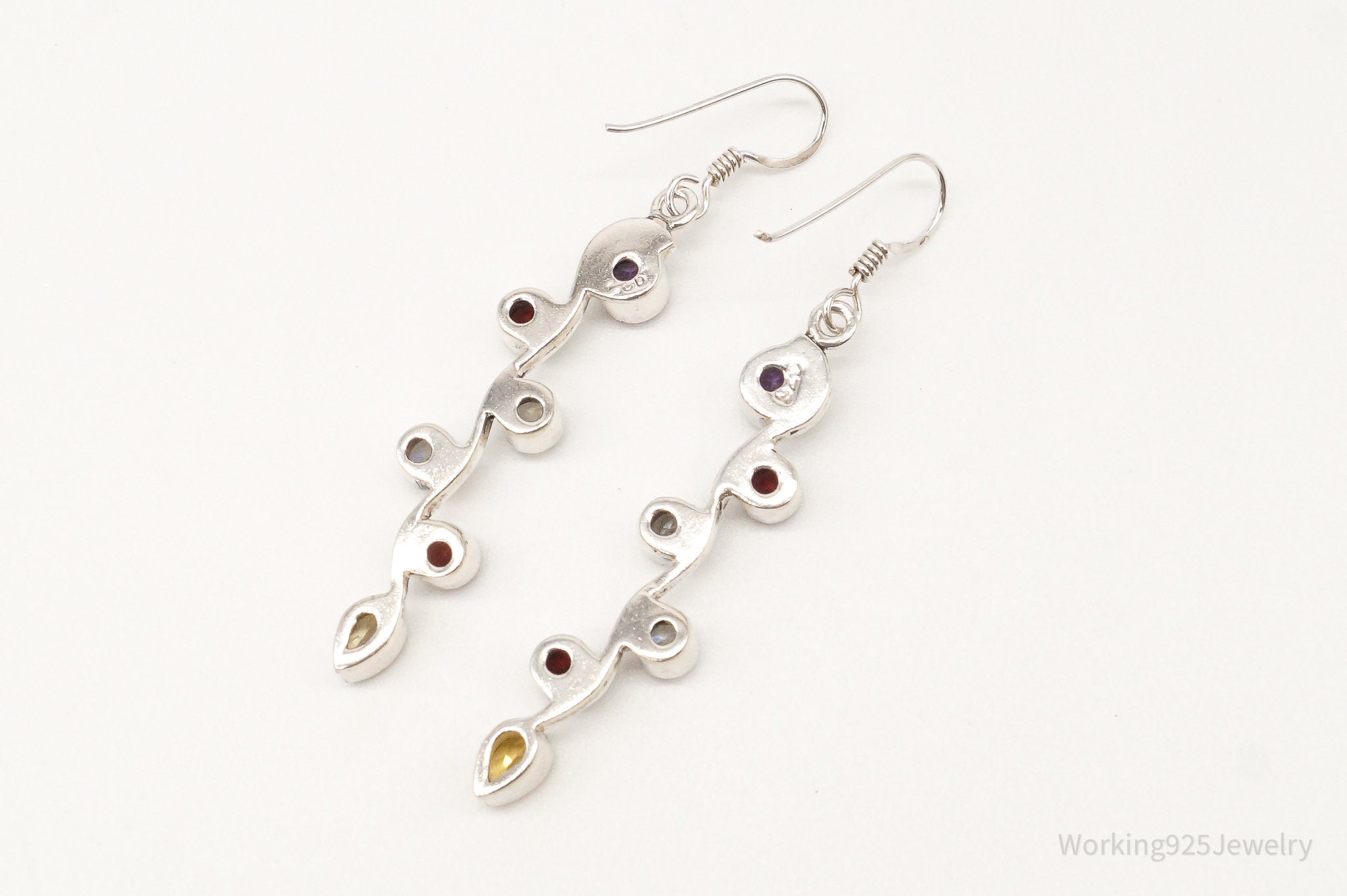 Vintage Multi Gemstones Sterling Silver Dangle Earrings