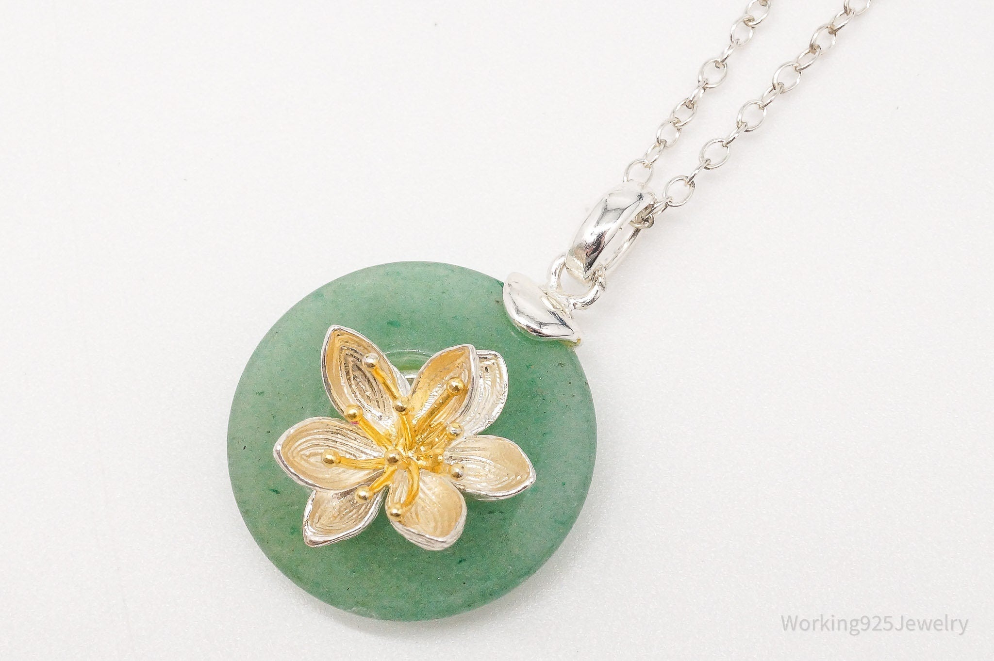 Vintage Green Jade Gold Vermeil Flower Sterling Silver Necklace 18"