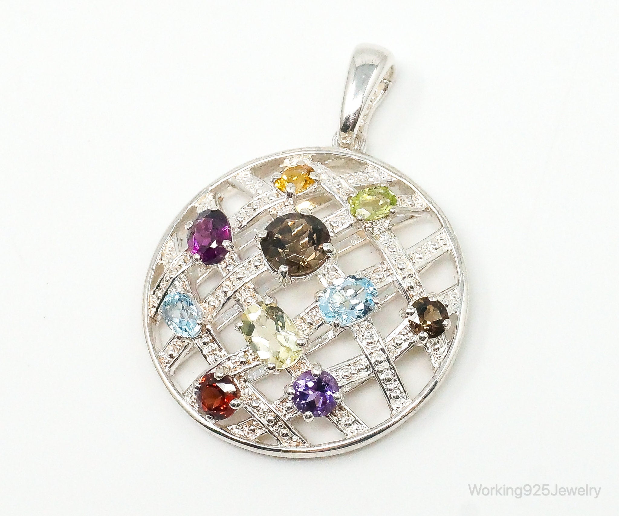 Vintage Multi Gemstone Sterling Silver Necklace Pendant