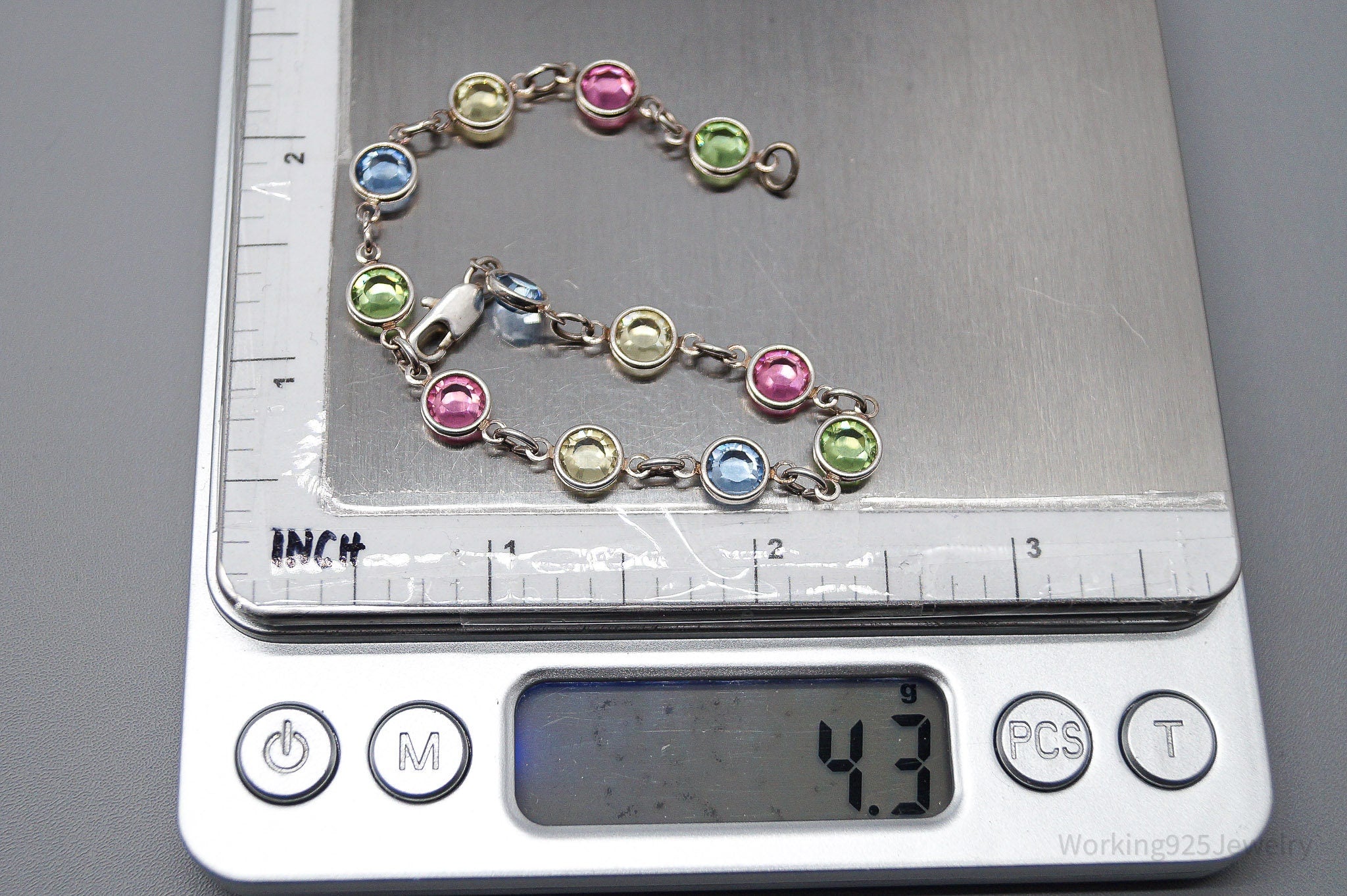 Vintage Rainbow Crystal Silver Bracelet - 7.25"