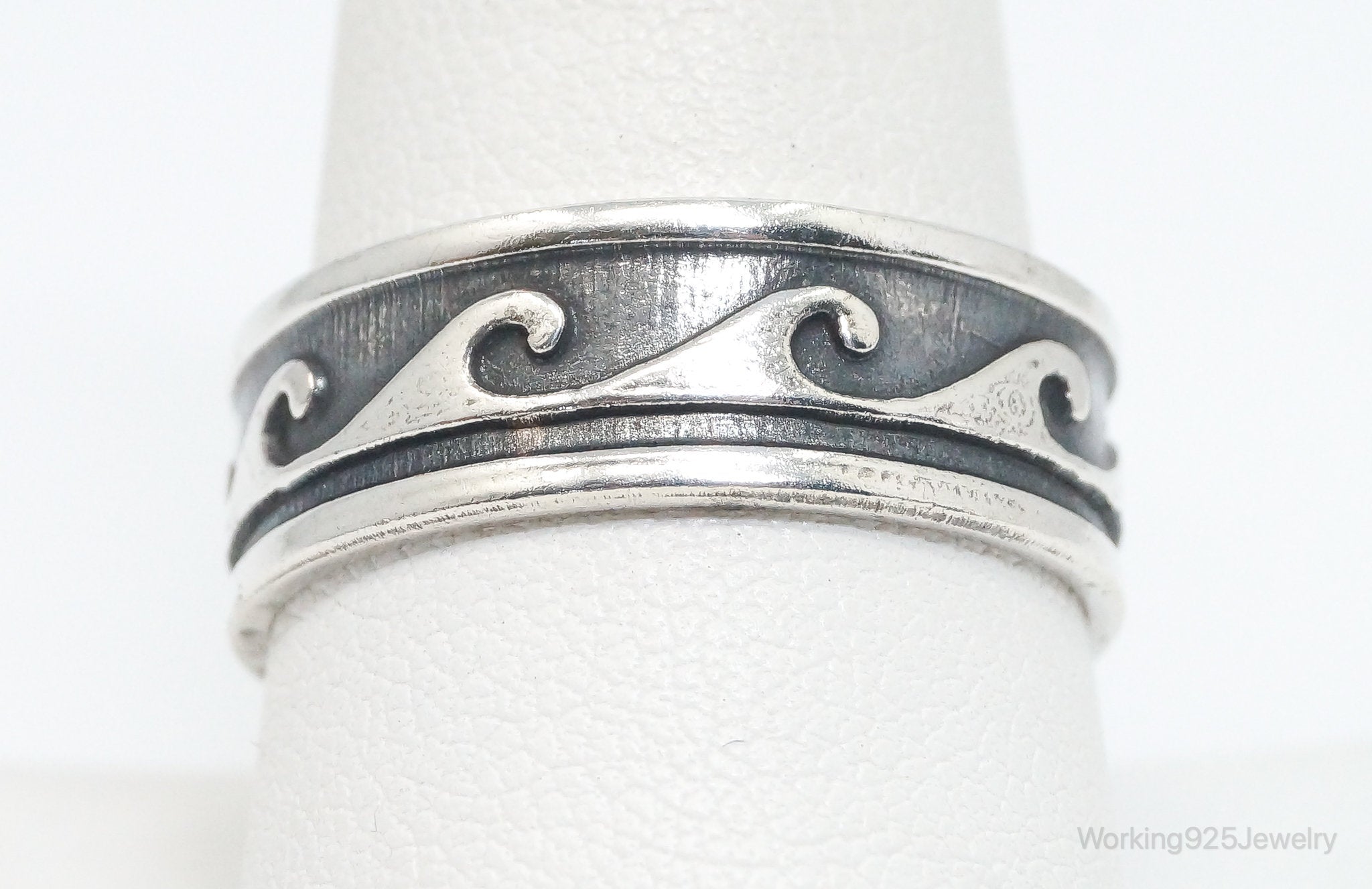 Vintage Wave Scroll Oxidized Design Sterling Silver Band Ring - Size 10