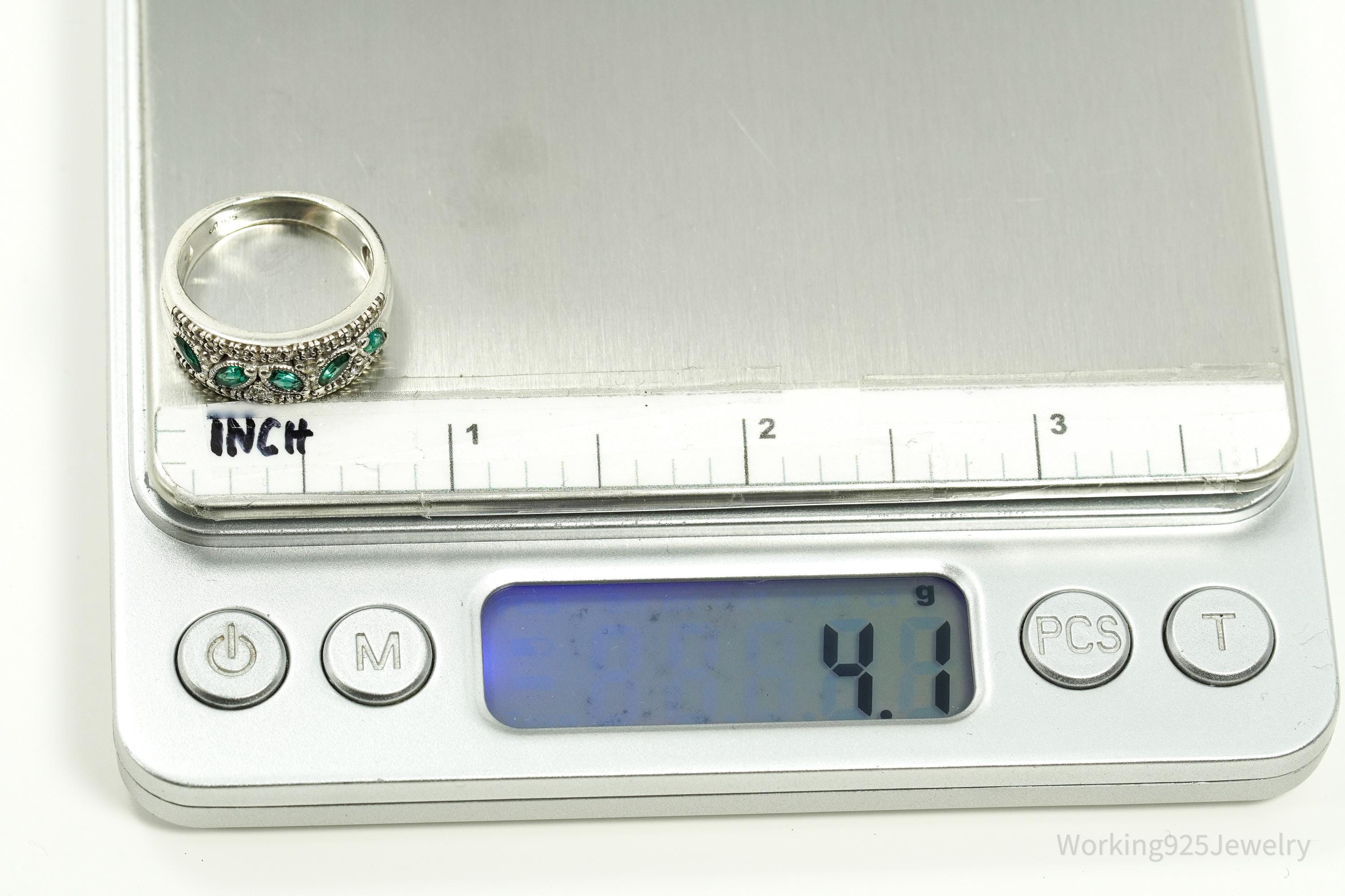 Vintage Emerald & White Sapphire Sterling Silver Ring - Size 6