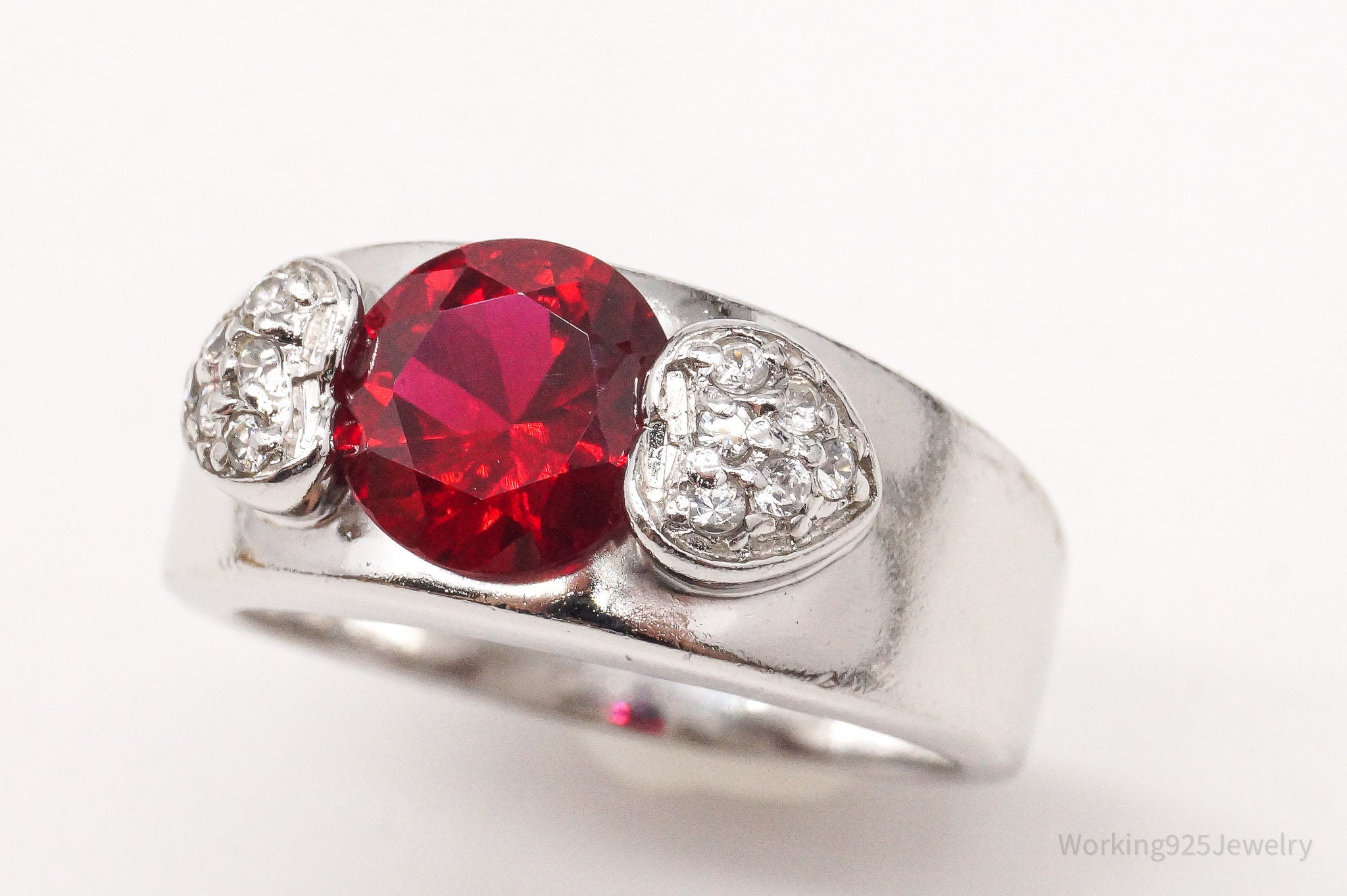 Vintage Lab Ruby Cubic Zirconia Sterling Silver Ring - Size 7.75