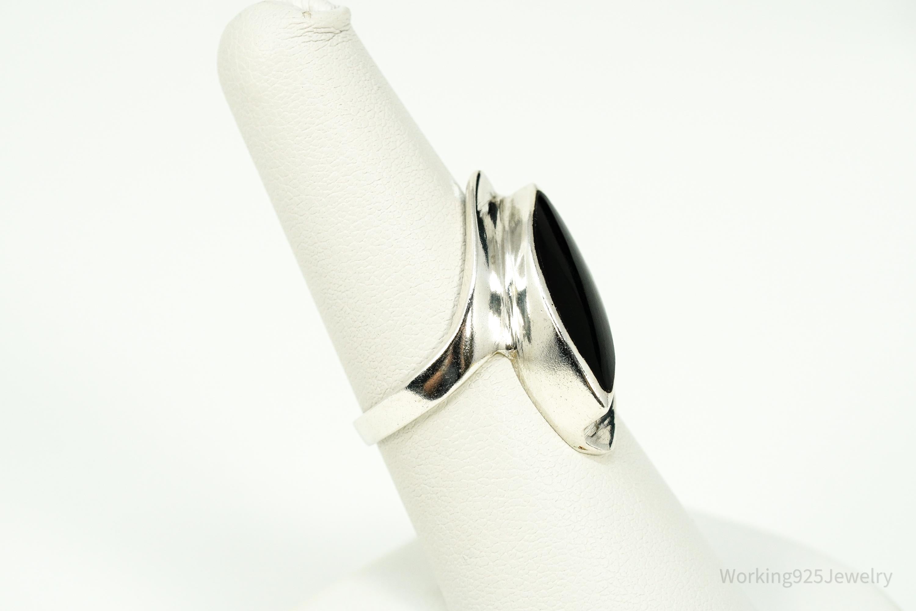 Vintage Black Onyx Modernist Style Sterling Silver Ring - Size 7.25