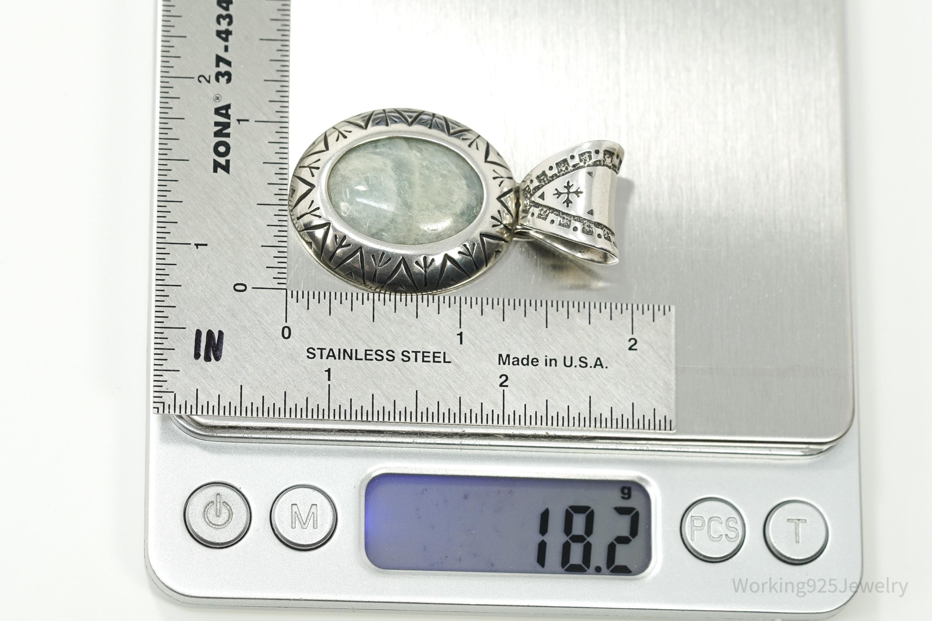 Large Vintage Carolyn Pollack Relios Milky Aquamarine Sterling Silver Pendant 2"