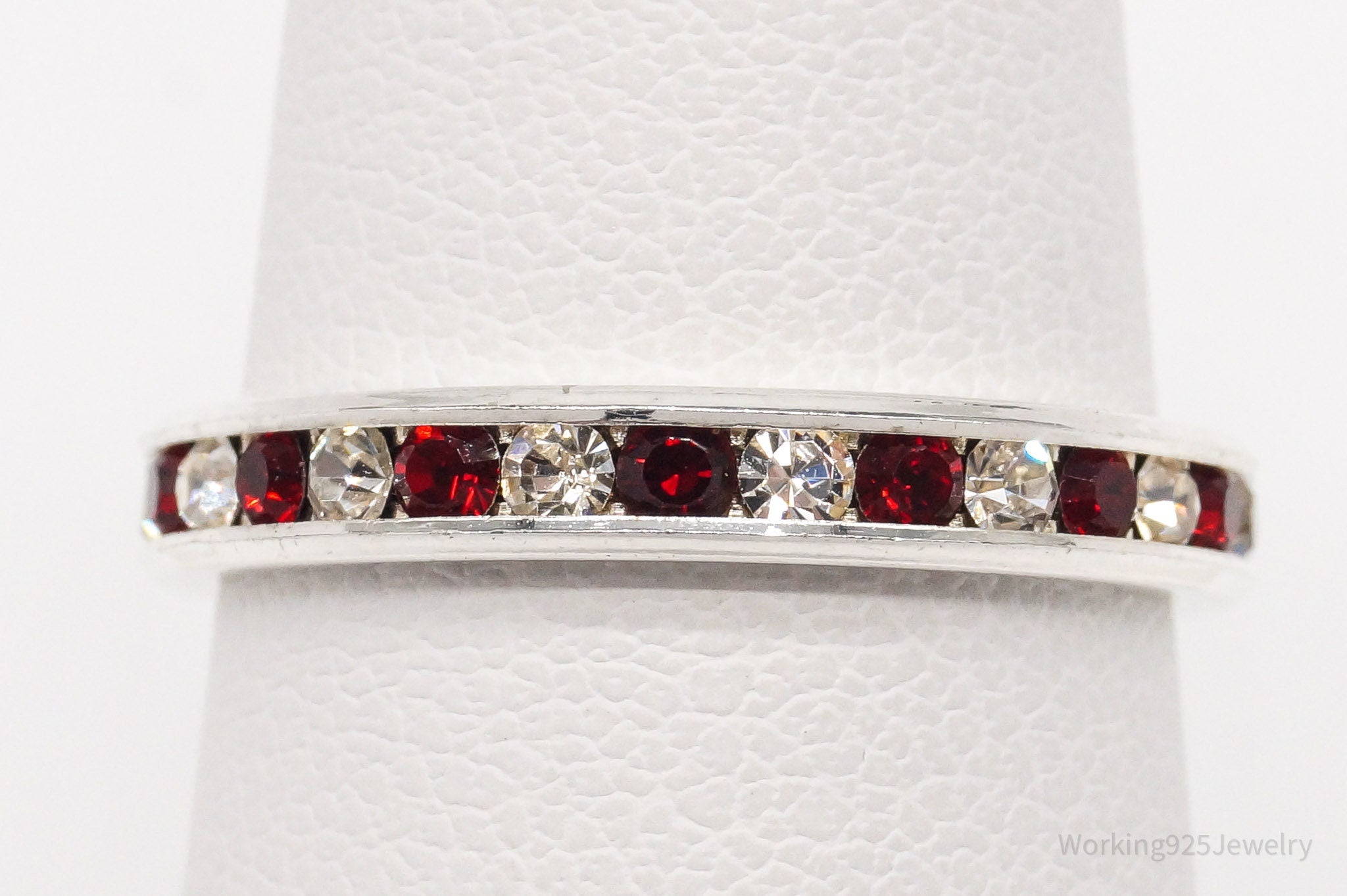 Vintage Red & White Crystal Sterling Silver Ring - Size 6.75