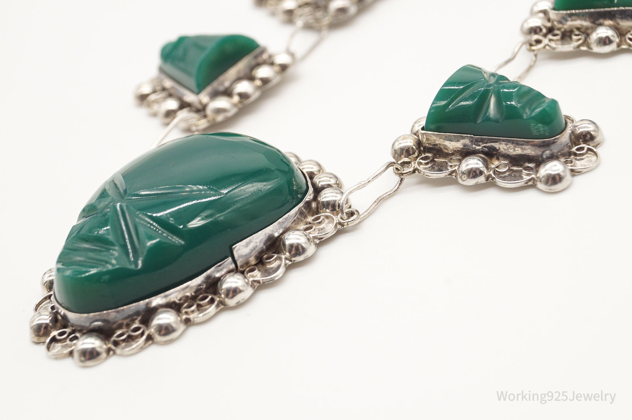 Vintage Mexico Green Onyx Carved Masks Sterling Silver Necklace