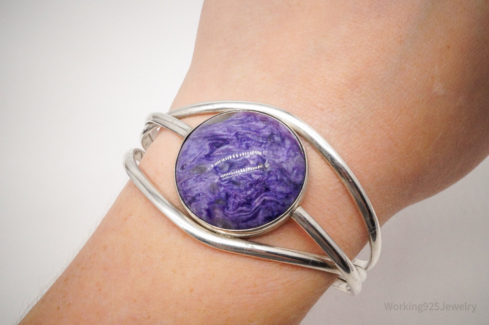 Vintage Large Charoite Modernist Style Sterling Silver Cuff Bracelet