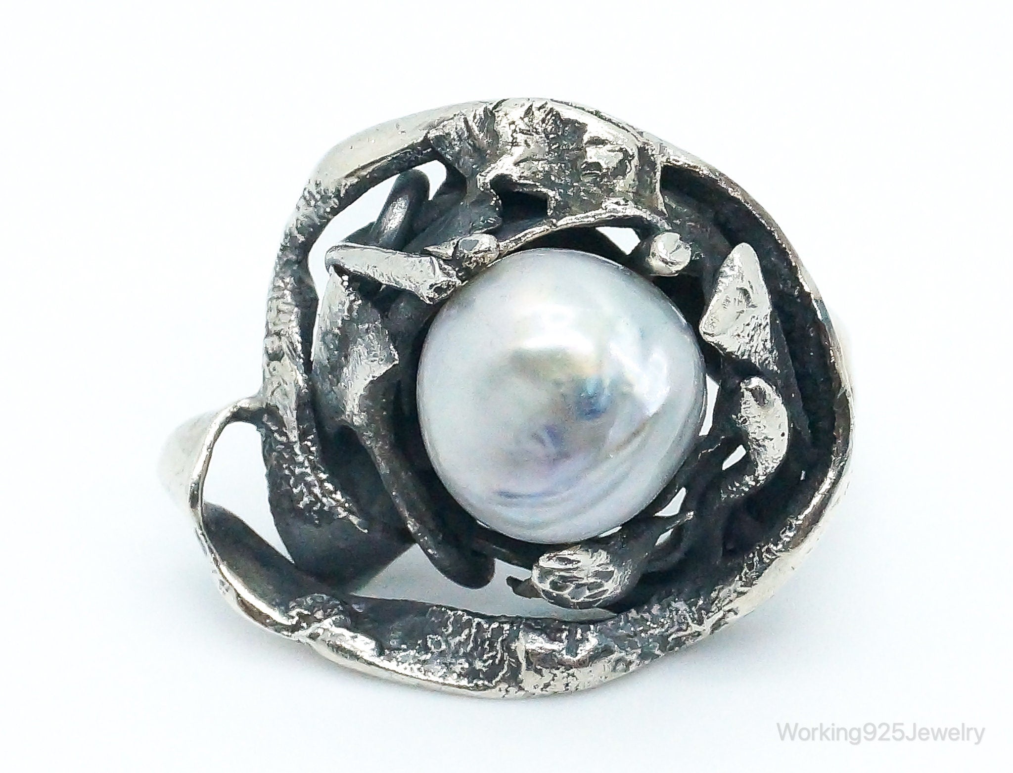 Vintage Pearl Brutalist Sterling Silver Ring - Size 5